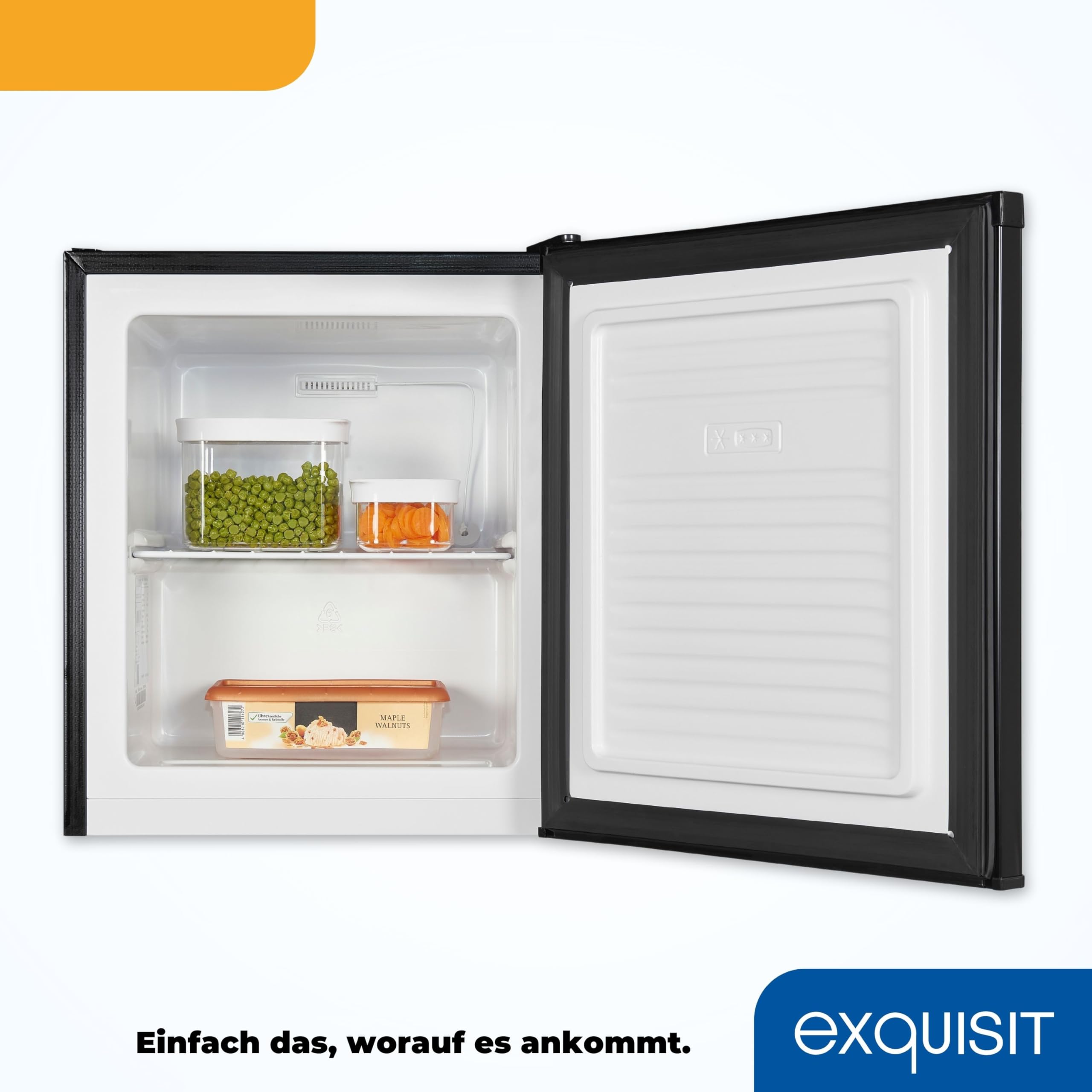 Exquisit Mini-Gefrierschrank GB05-040E - 33 l Gefrierbox in Schwarz | Kompakter Mini-Froster mit Gitterablage, -18 Grad Gefriertemperatur und wechselbarem Türanschlag für Büro oder Camping