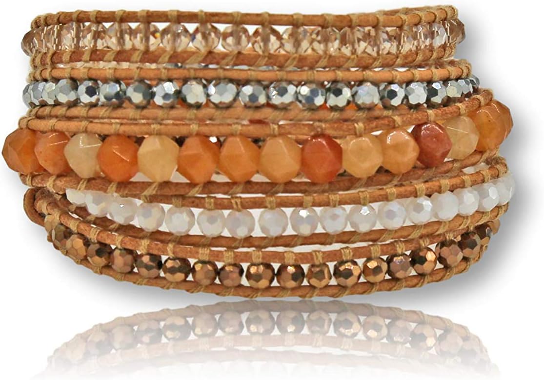 MGR MY GEMS ROCK! 35-Inch Long Multi-Layer Hand Crafted Gemstone and Crystal Multi-Stone Beaded on Genuine Leather Boho Style Stackable Super Wrap Bracelet, up to 5 Wraps.