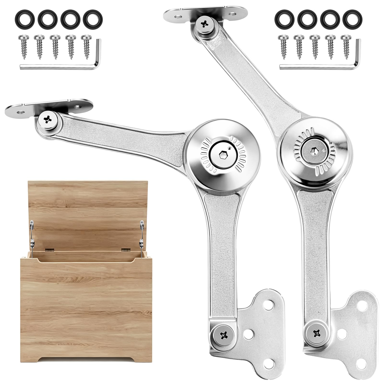 2 Pack | Heavy Duty Lid Support Hinges, Zinc Alloy Adjustable Tension Lid Stay Hinge, 75°-110° Free Stop at Any Angle, Supports Up to 17.6lbs for Wooden Toy Box, Cabinet & Chest