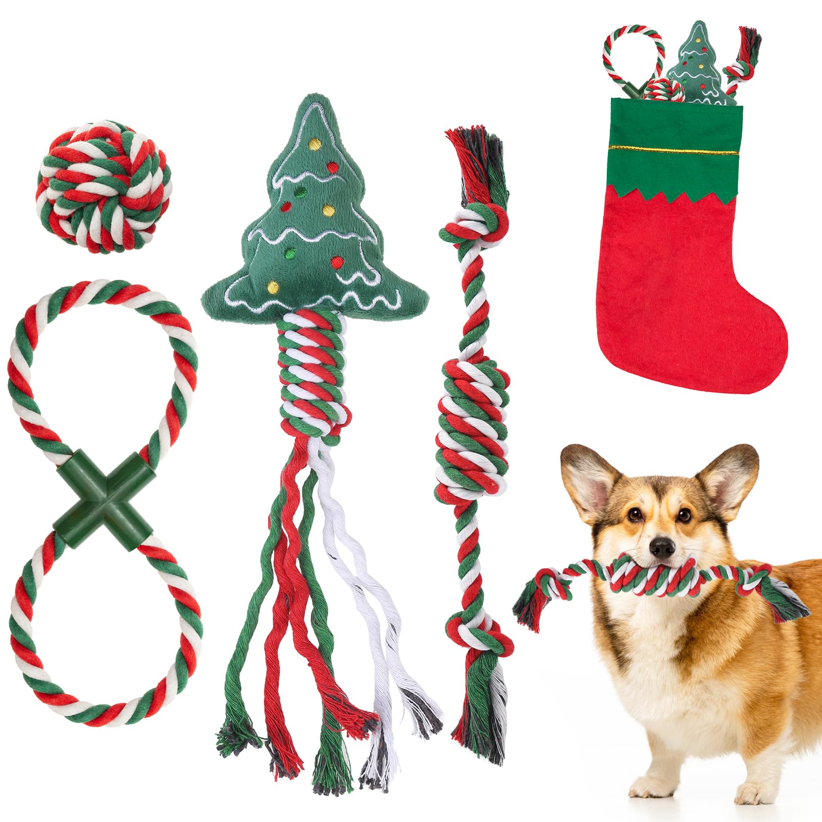 SCENEREAL Weihnachtliches Hundespielzeug aus Seil, 4 Stück, Kauspielzeug mit Strumpf zur Zahnreinigung, quietschendes Plüsch-Welpenspielzeug, interaktives Hundestrumpffüller, Weihnachtsgeschenke für