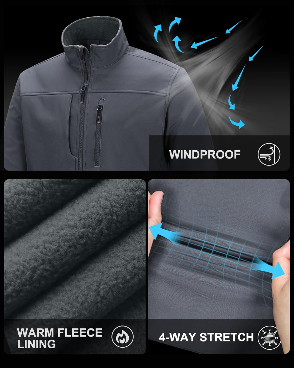 33,000ft Men’s Lightweight Softshell Jacket Warm Fleece Lined Windbreaker Waterproof Soft Shell for Outdoor Hiking