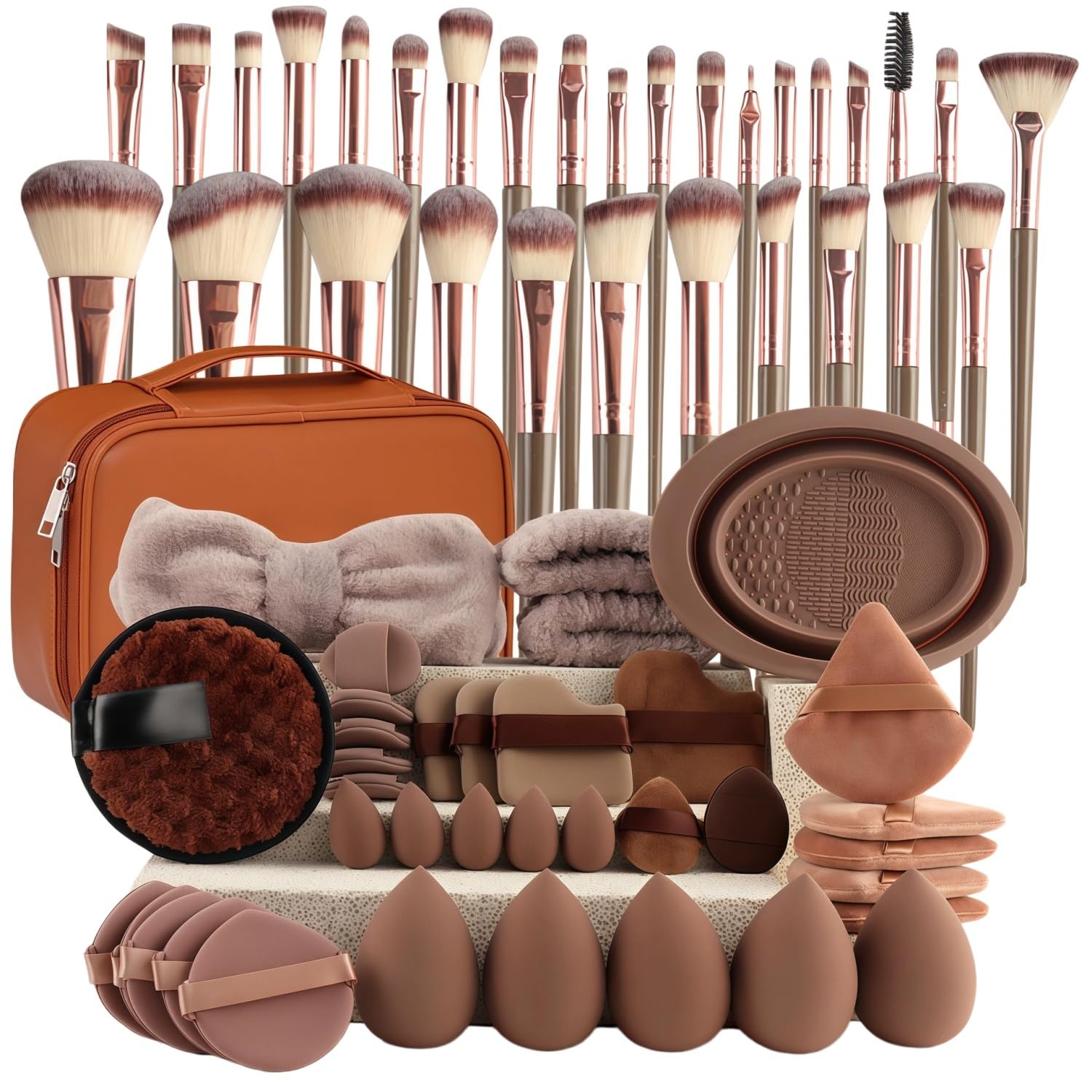 Ensemble de pinceaux de maquillage et d'éponges pour débutants, pinceaux cosmétiques synthétiques avec houppettes triangulaires, mini éponges, bandeau de spa et bracelets de lavage pour le maquillage