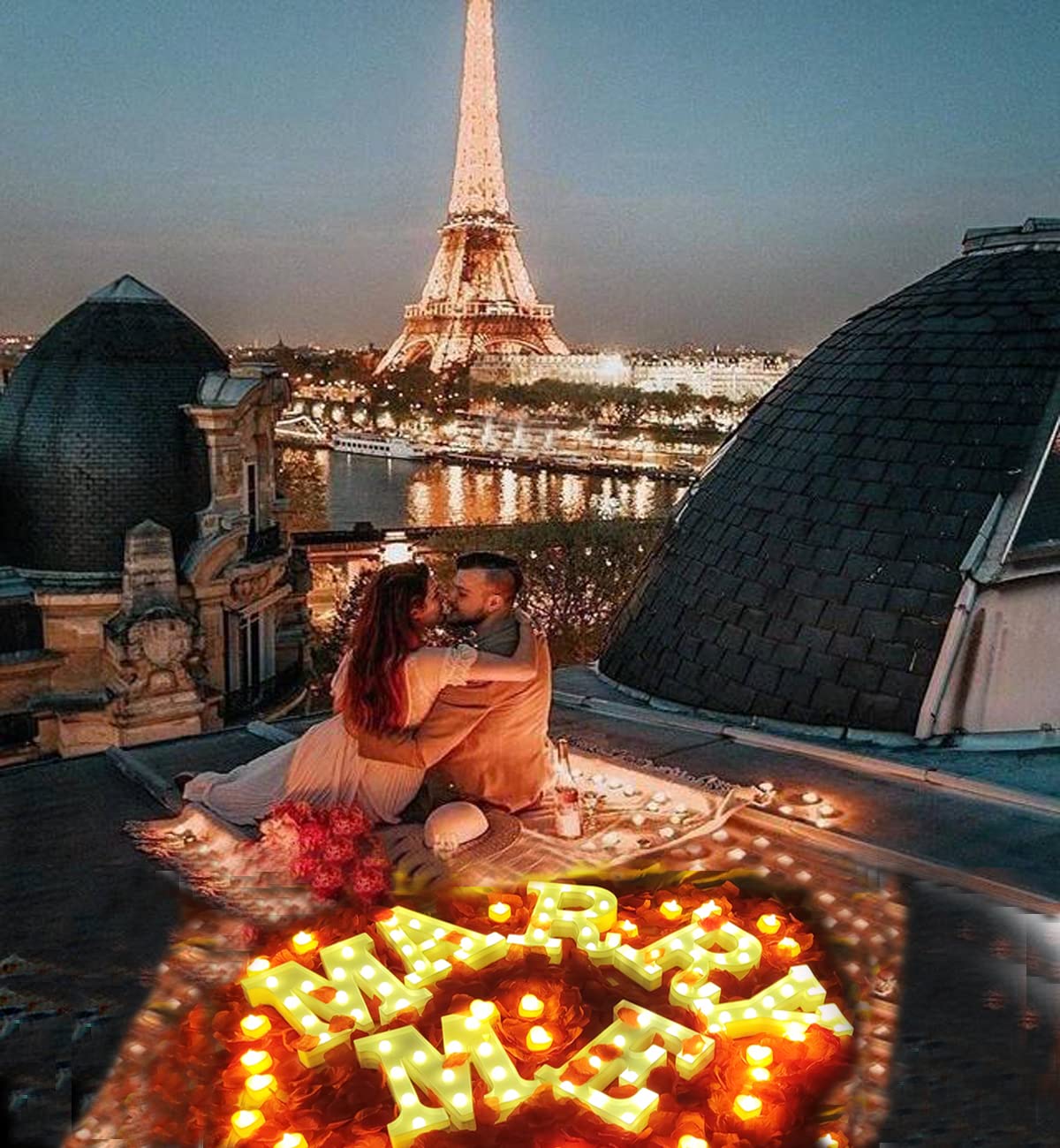 PUEDO SER TU NOVIO? Lighted Letters Sign 17pcs Luminary Paper Bags 2200pcs Red Pink Artificial Rose Petals 48pcs Flameless LED Candle Tealight 15pcs Heart Balloons Romantic Night Valentine's Day