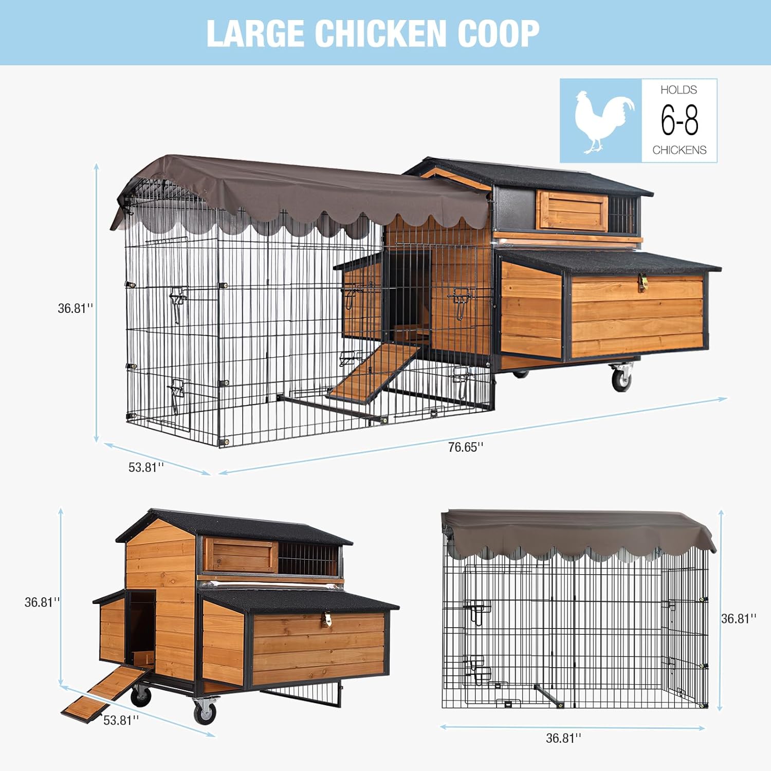Large Chicken Coop with Wheels, Mobile Chicken Tractor with All-Around Iron Frame and Leakproof Tray, Wooden Hen House with Run, Nesting Box and Waterproof Rood, Chickens Poultry Cage for 6-8 Chickens