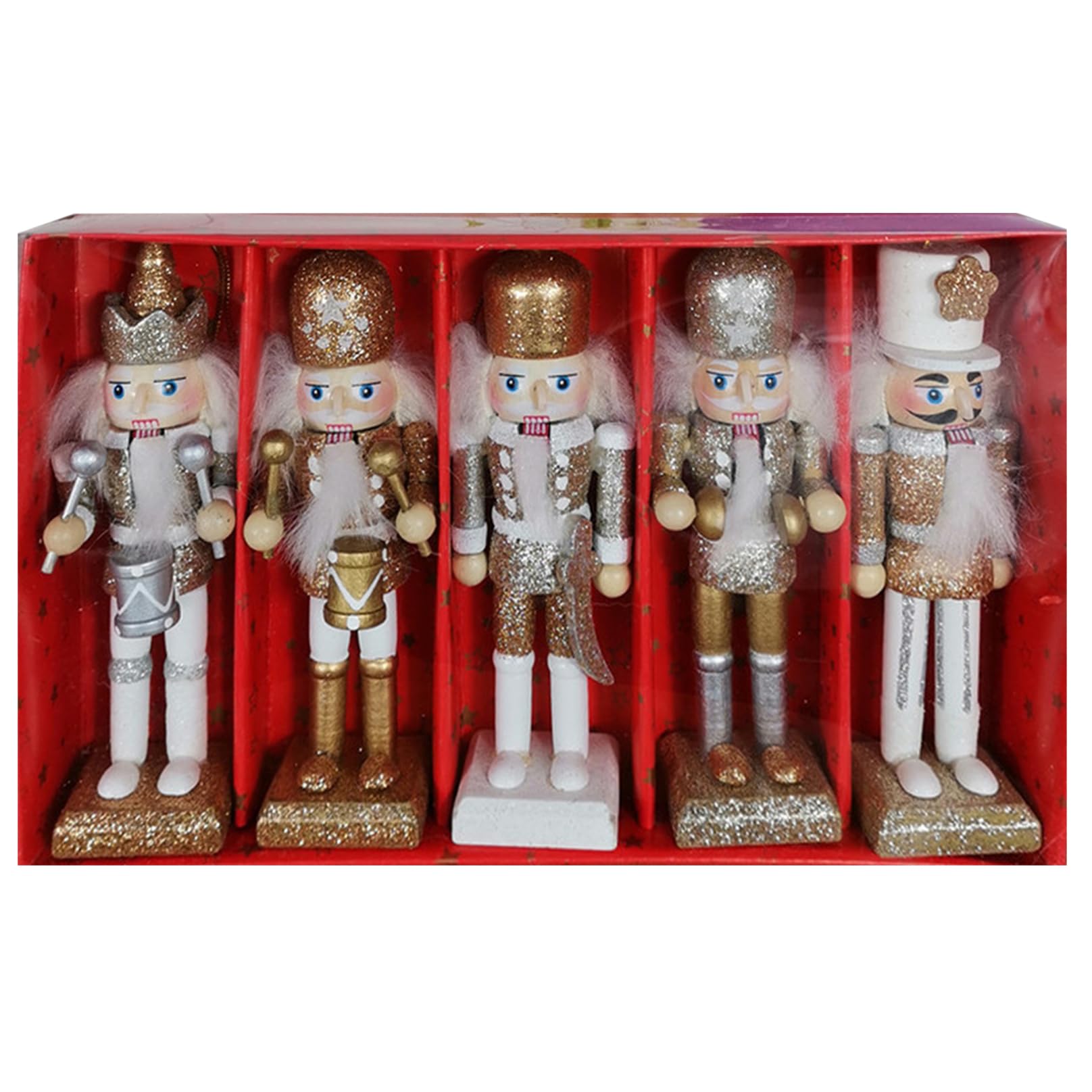 Bemonew Nutcracker Christmas Decor 5Pcs/Set 2023 King ＆ Soldier Nutcracker Figures 4.7Inch Tall Mini Wooden Ornaments for Xmas Tree Table Decor