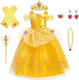 BSBUY Déguisement de Princesse Belle, Fille Robe de Princesse Belle avec Accessoires, Robe de La Belle et La Bête Enfant, Princesse Costume Enfant pour Anniversaire Fête Partie Carnaval Cosplay