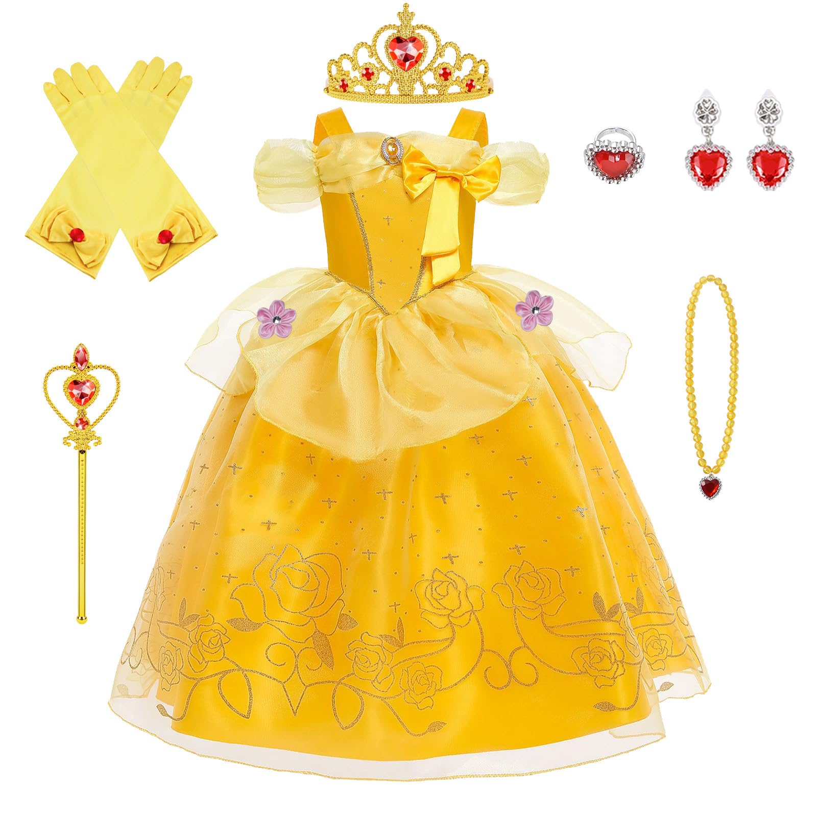 BSBUY Belle Kostüm Kinder Mädchen, 3/7Pcs Kleid Kinder mit Krone Schmuck Handschuhe Zauberstab Halskette und Ringe Princess Costume für Verkleidung Karneval Halloween Geburtstag Cosplay Kostüm Girls