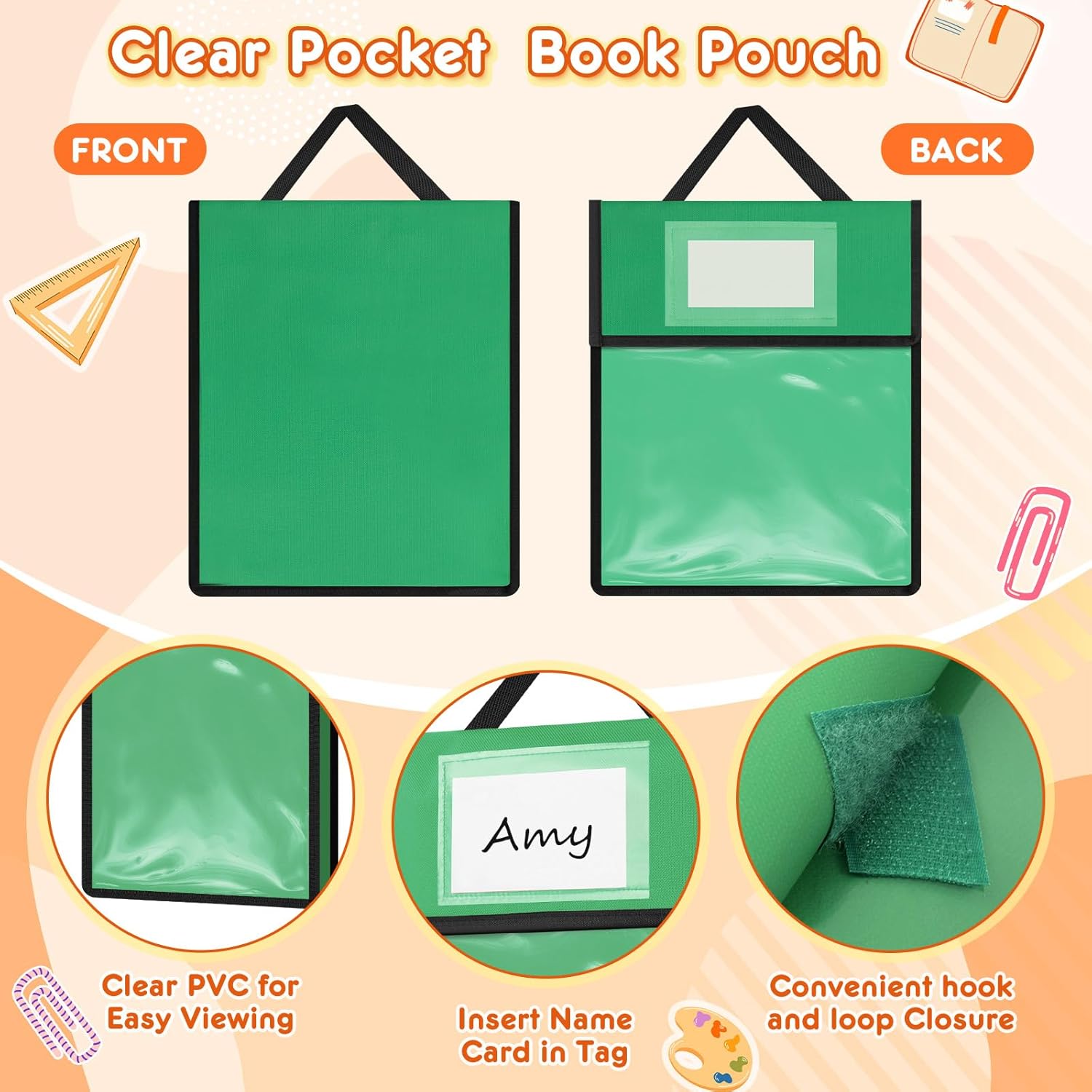 Teling 12 Pack Thick Clear Book Pouches with Blank Name Tags and Handles Book Baggies Bags Bins Organizer for School Classroom Library Pockets Students (11 x 14 Inch,Colorful)