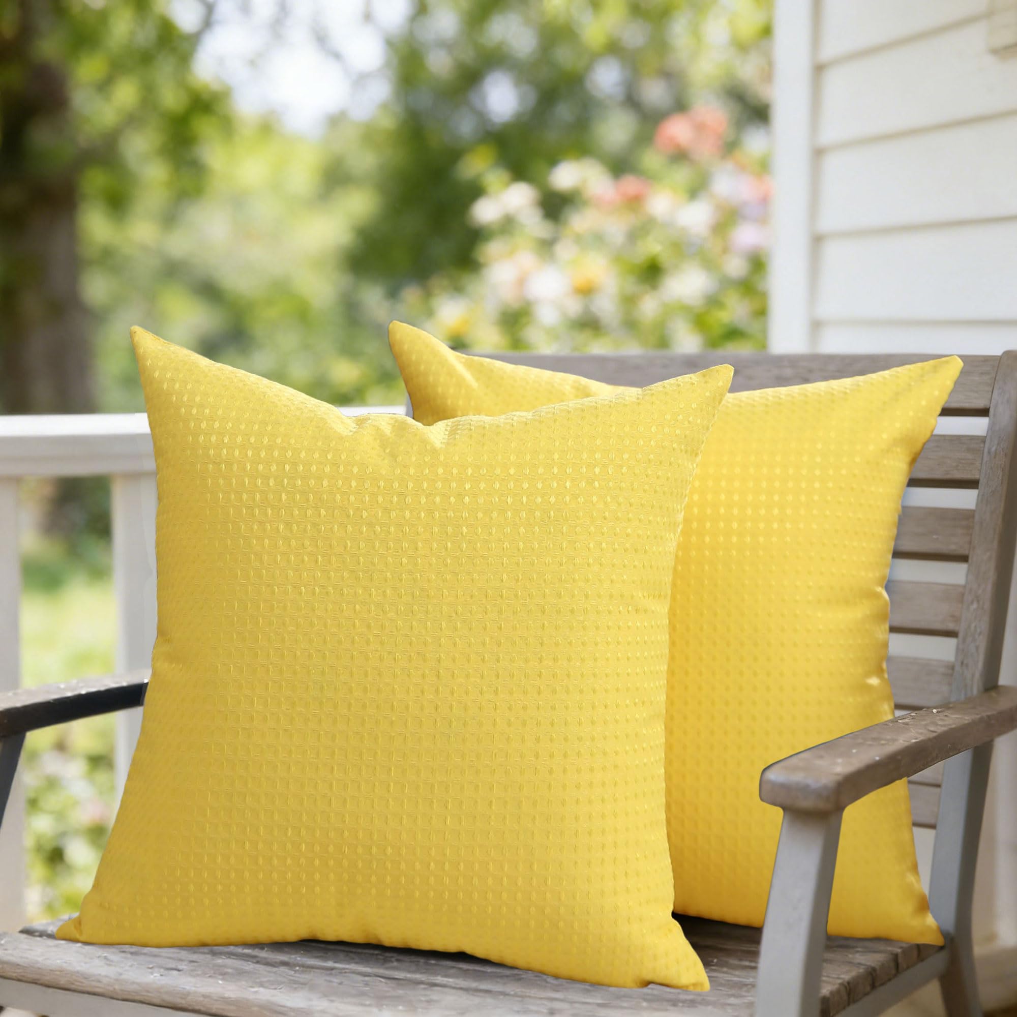 DFXSZ Outdoor Pillow Covers 20X20 Inch Set of 2 Yellow Waffle Textured Polyester Pillow Covers Spring Summer Outdoor Waterproof Decor for Patio
