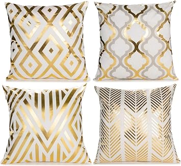 ZLINA Home Decorative Set of 4 Throw Pillow Covers Gold Foil Pillow Covers 18 18 Inch Geometric Square Cushion Covers Decor Couch Sofa BedroomWhite and Gold