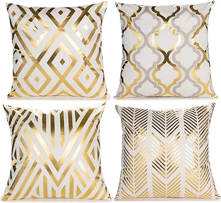 ZLINA Home Decorative Set of 4 Throw Pillow Covers Gold Foil Pillow Covers 18 18 Inch Geometric Square