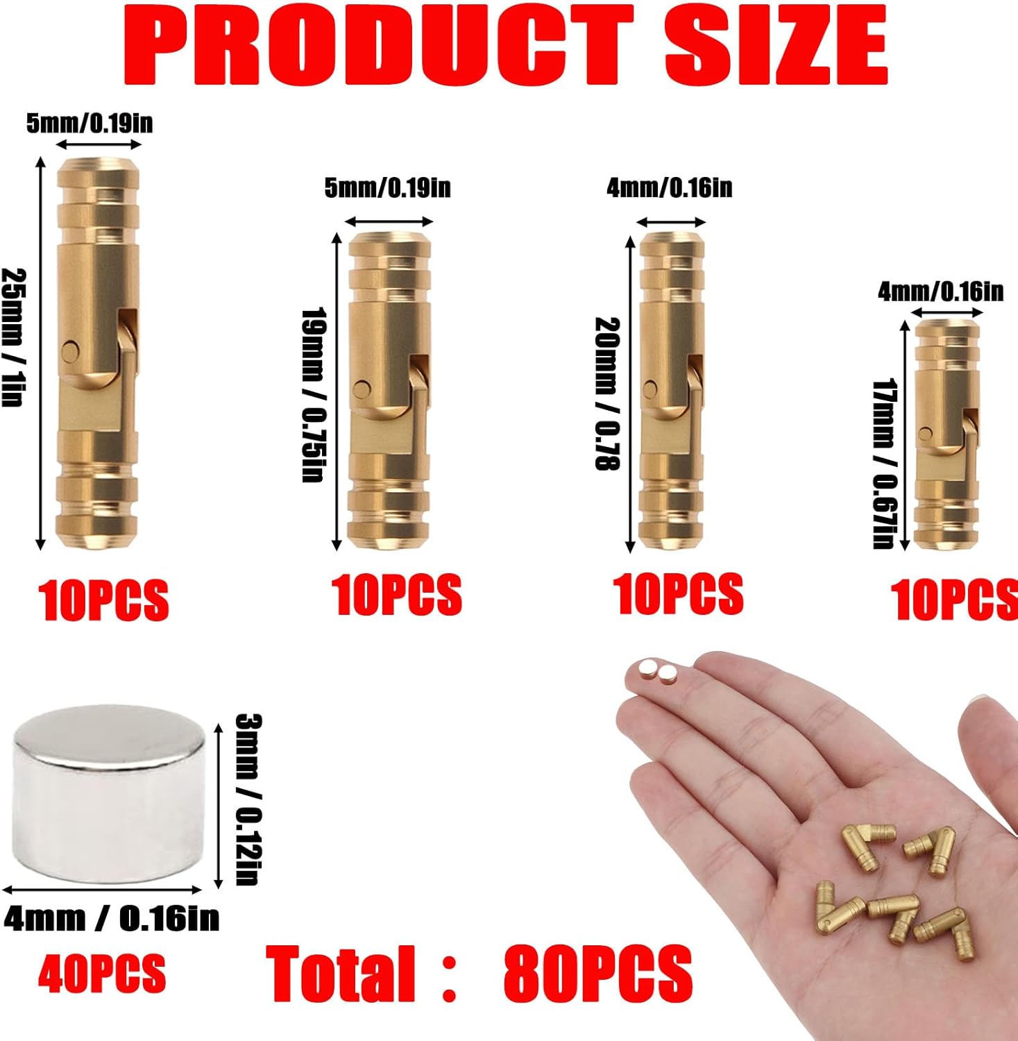 Brass Hidden Hinges Set with Magnets, 80 Piece, 40 Cylinder Hinges in 4 Sizes, 40 Neodymium Magnets, Drill Bit, Depth Stop Collar, 270 Degree Folding for Jewelry Box, Music Box, DIY Woodworking