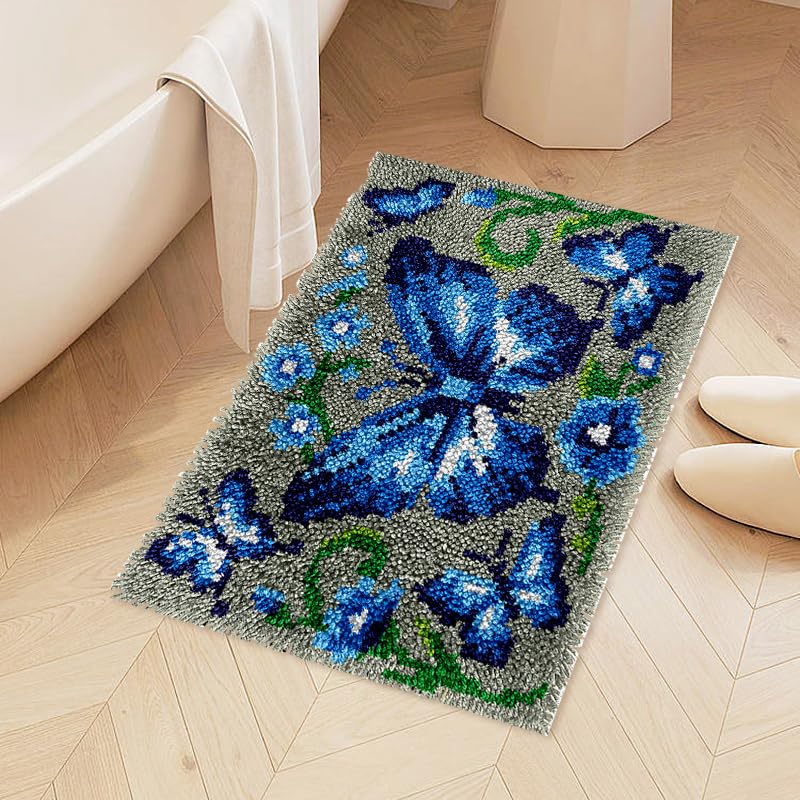 Image of veirousa Blue Butterfly Latch Hook Kit for Adults Beginners, Pre-Printed Latch Hook Rug Kit, DIY Carpet Making Set for Home Wall Hanging Art Decoration 20x15 Inch