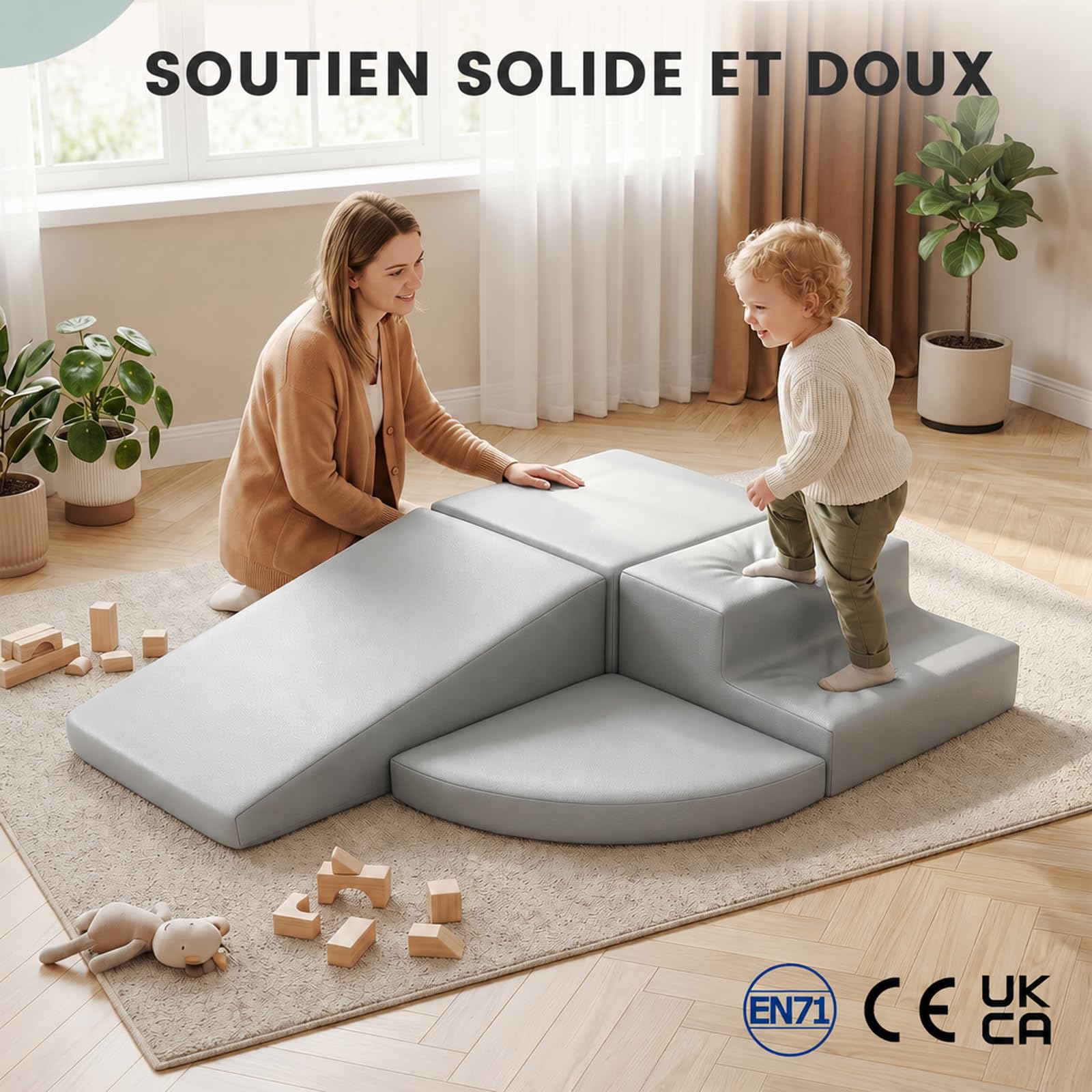 JungleDove Foam Climbing Blocks for Toddlers: 4 Module Motricité Enfant Cuir PU Blocs Mousse Éducatifs - Jouets Descalade Bébé Structure d'escalade Antidérapante Ensemble Rampe Allongée
