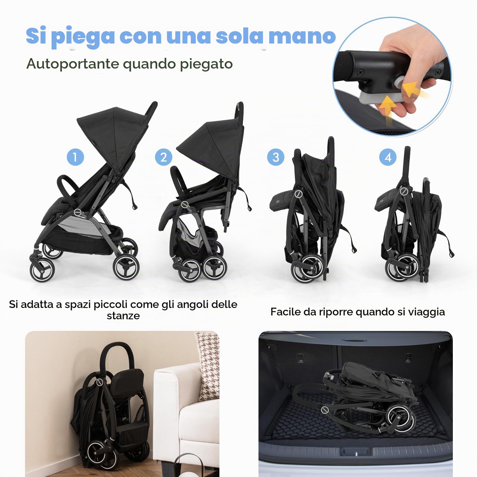 LIFEZEAL Passeggino Ultraleggero per Bambini 0-36 Mesi, Passeggino Compatto da Viaggio a Ombrello, per Aereo, Pieghevole, Regolabile, con Cintura di Sicurezza, Ruote, Freno, Parasole, Cesto (nero)