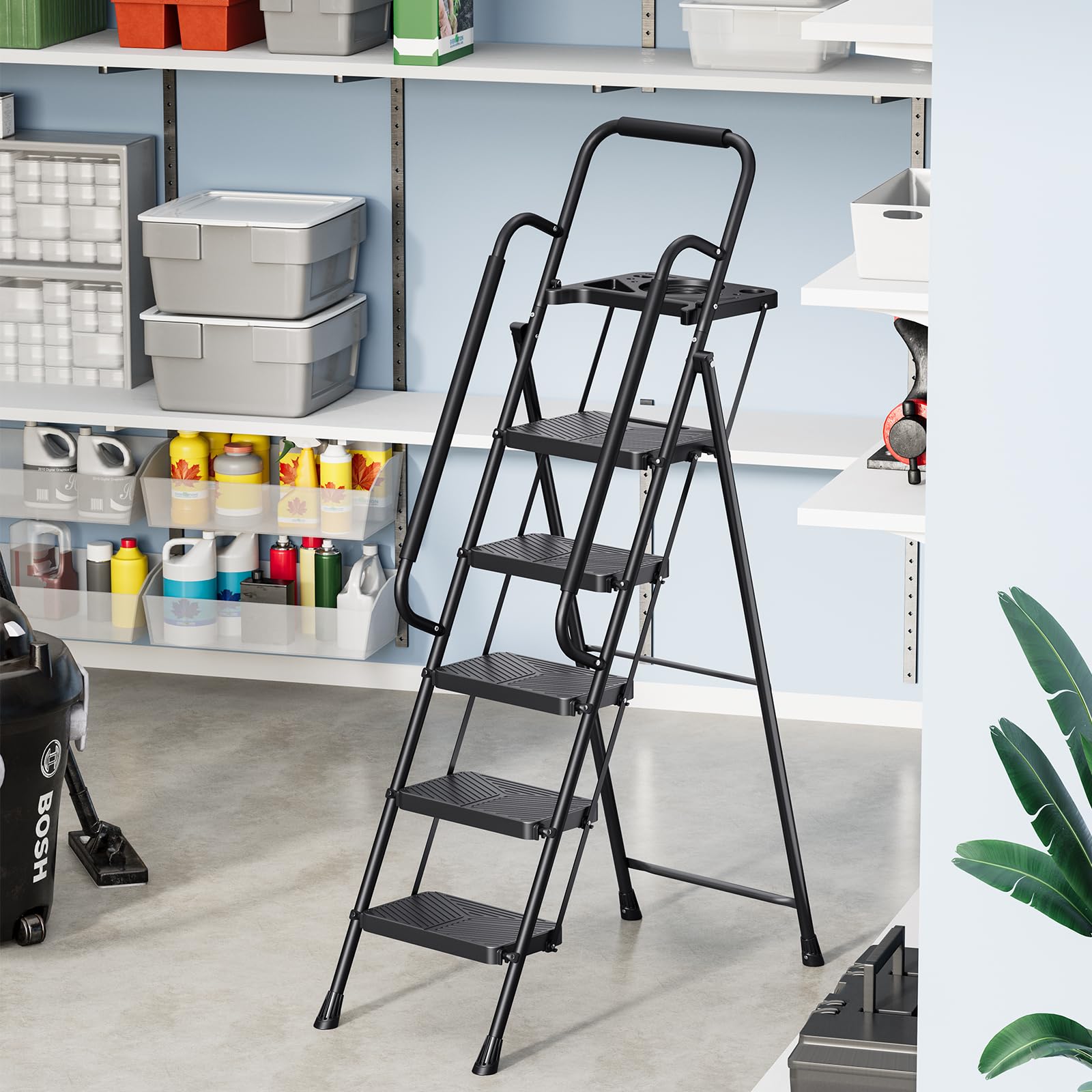 KINGRACK Escabeau Pliable à 5 marches Portable pour la Maison, la Cuisine, marchepied en Acier Robuste avec pédales Larges antidérapantes, Main Courante, Design de Verrouillage sécurisé, Passe Les