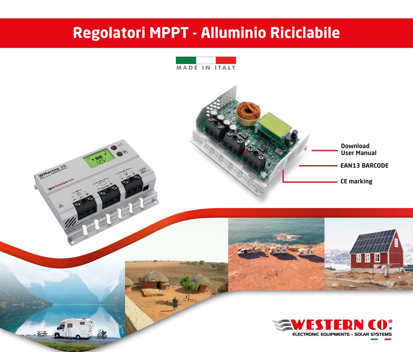 Western CO | Modello WMARINE10 | Regolatore di Carica MPPT 10A 12/24V, Regolatore di Tensione Carica Impianto Fotovoltaico, Circuito Buck-Boost, Display Grafico, Funzione Crepuscolare