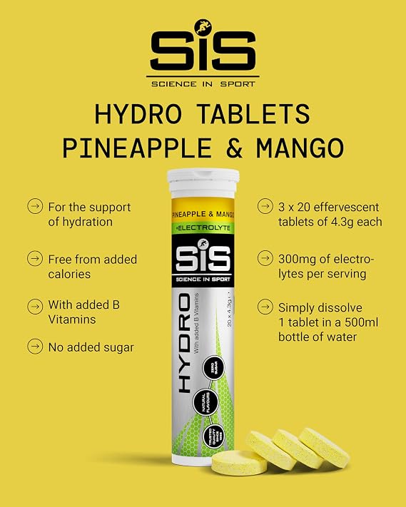 Science in Sport Hydro Electrolyte Tablets - Four Key Electrolytes and B Vitamins - Sugar-Free, Vegan & Gluten-Free Sports Hydration - Pineapple & Mango - 20 Effervescent Tablets (Pack of 3)