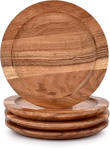 NIRMAN Juego de 4 platos redondos de madera de acacia, vajilla de centro de mesa para sándwiches, ensalada, decoración de mesa, reuniones familiares