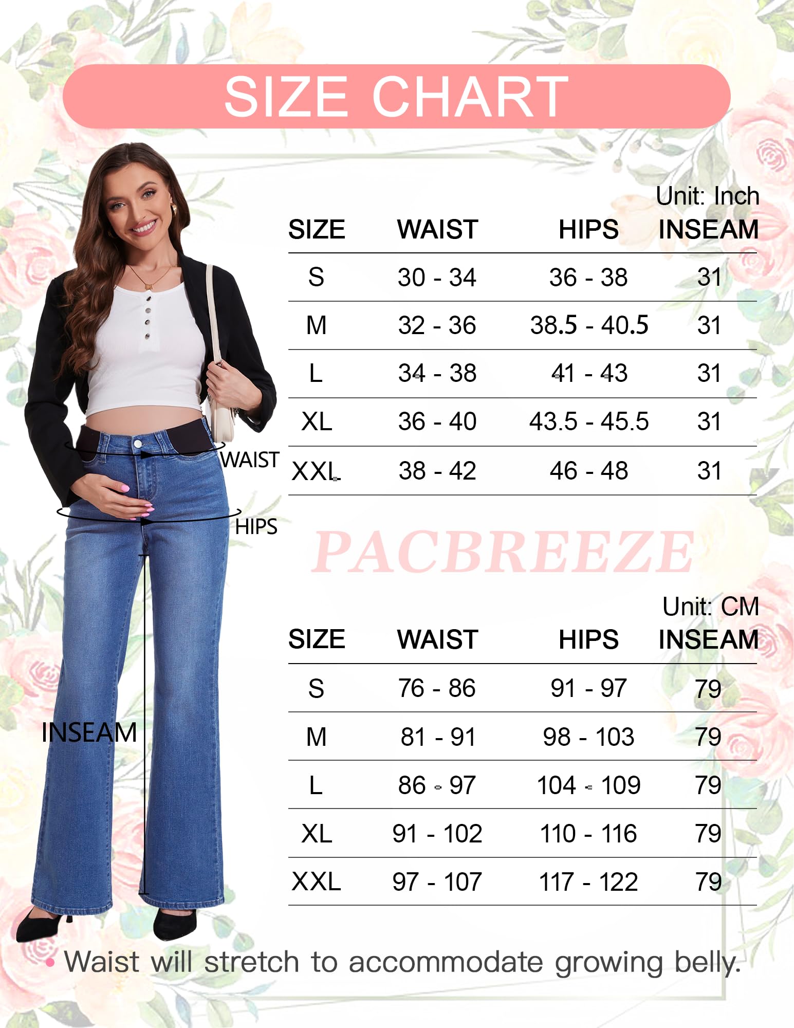 PACBREEZE Jeans acampanados de maternidad para mujer, tiro medio, elásticos, acampanados, corte de bota, pantalones de mezclilla para embarazo, S-XXL