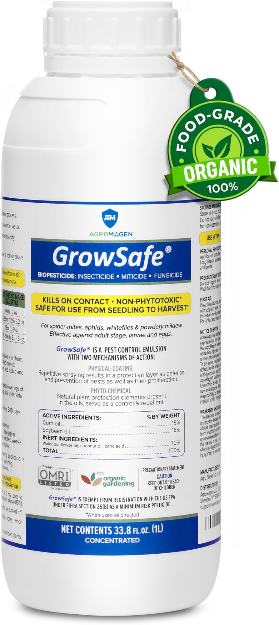 AgroMagen, GrowSafe Bio-Pesticide, Organic and Natural Miticide, Fungicide and Insecticide (33.8 fl.oz)
