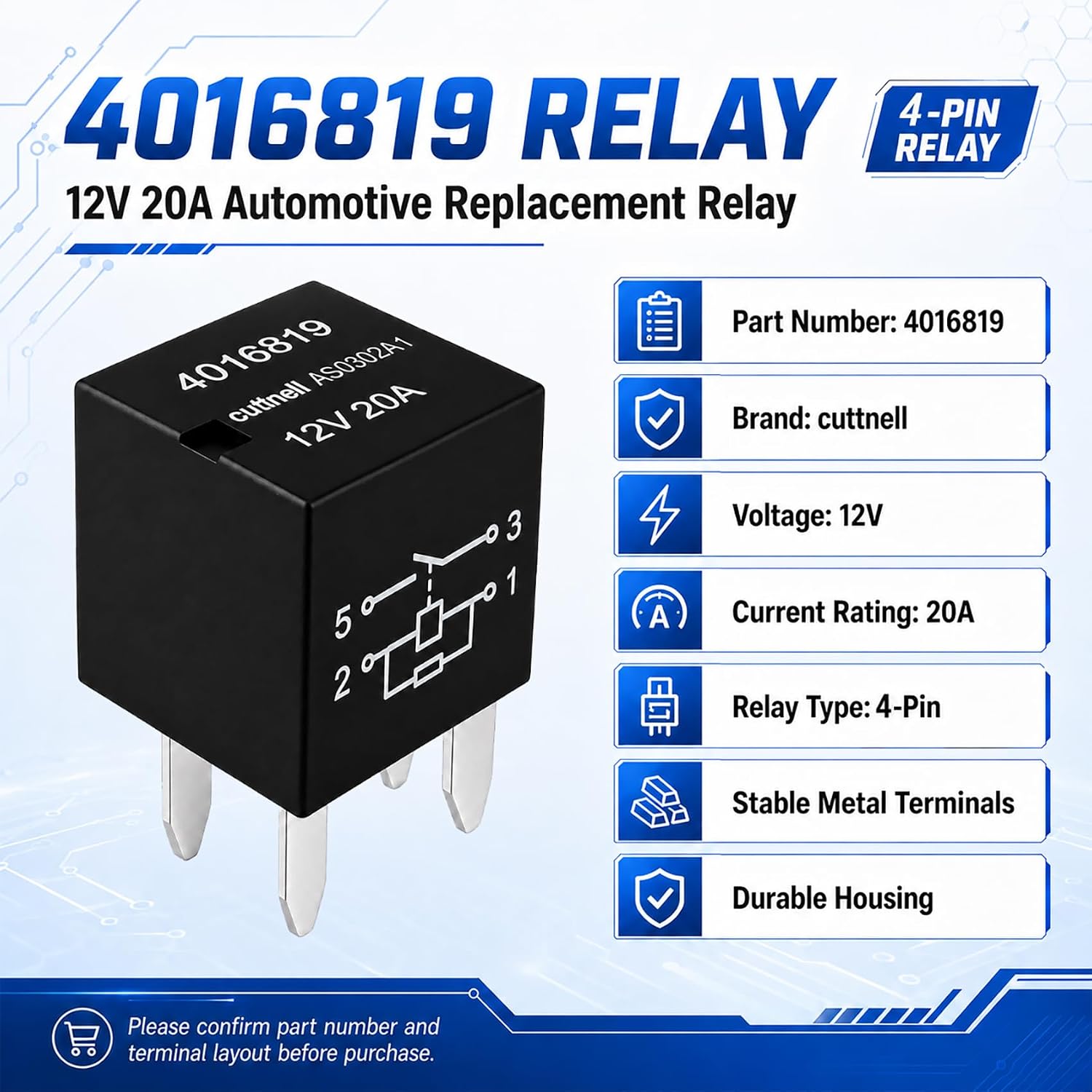 Cuttell 5-Pack 4016819 Relay 12V 20A 4-Pin Automotive Relay Replacement for Select Polaris RZR Ranger General Sportsman Slingshot, Fuel Pump Cooling Fan Starter Relay
