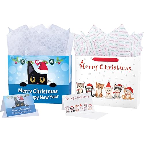 ysmile Cat Christmas Gift Bag with Wrapping Paper for Xmas Holiday Gift Wrap 2 Pack 12.6"