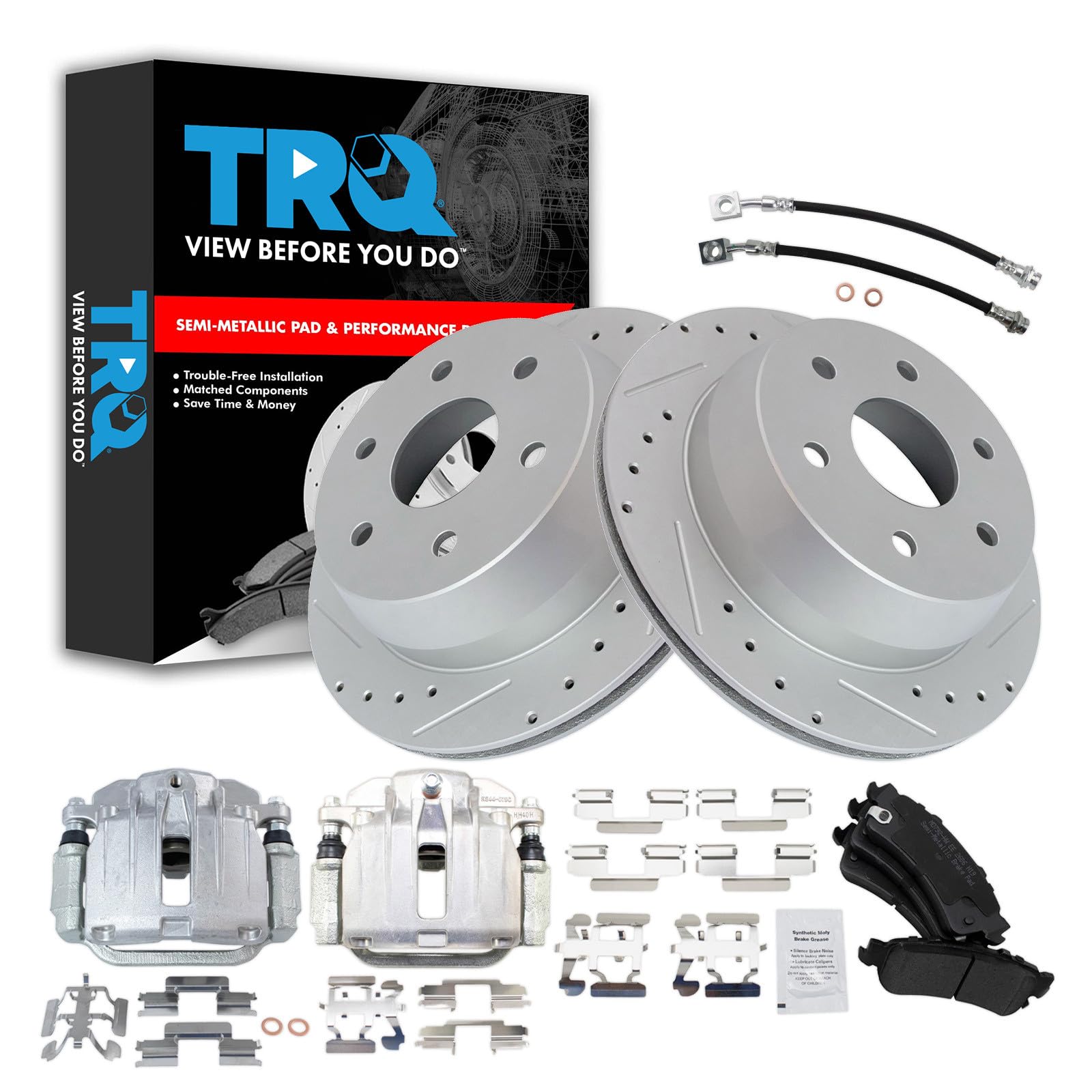 TRQ Performance Rear Brake Pad and Rotor Set Semi Metallic Slotted Drilled Coated Rotors Calipers Compatible with 2000-2001 Chevrolet Tahoe GMC Yukon