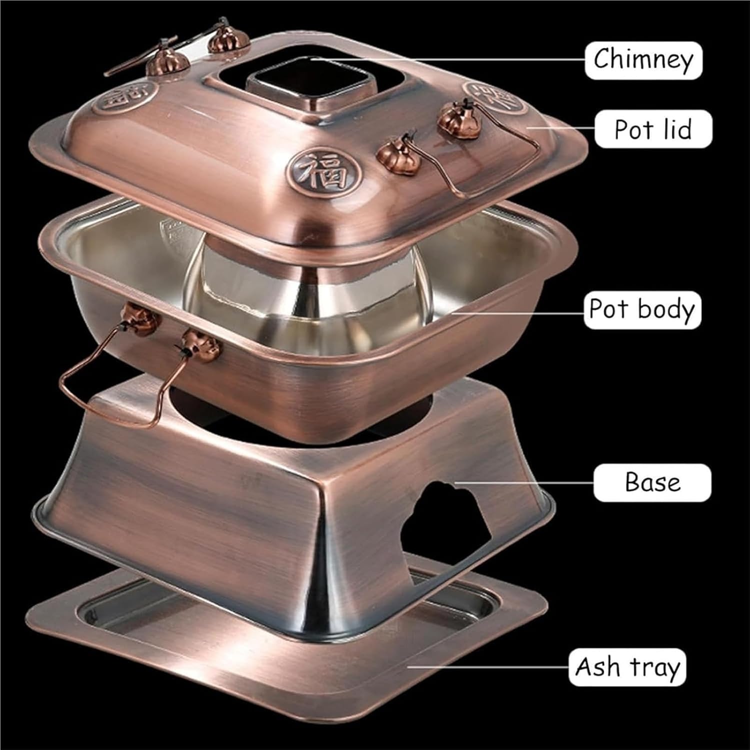 Chinese Copper Hot Pot, Chinese Style Beijing Charcoal Imitation Copper Hot Pot,Stainless Steel Charcoal Hot Pot, Split Design Easy To Clean Square Cookware For Camping Home,Red Copper,32cm(Silver,36c