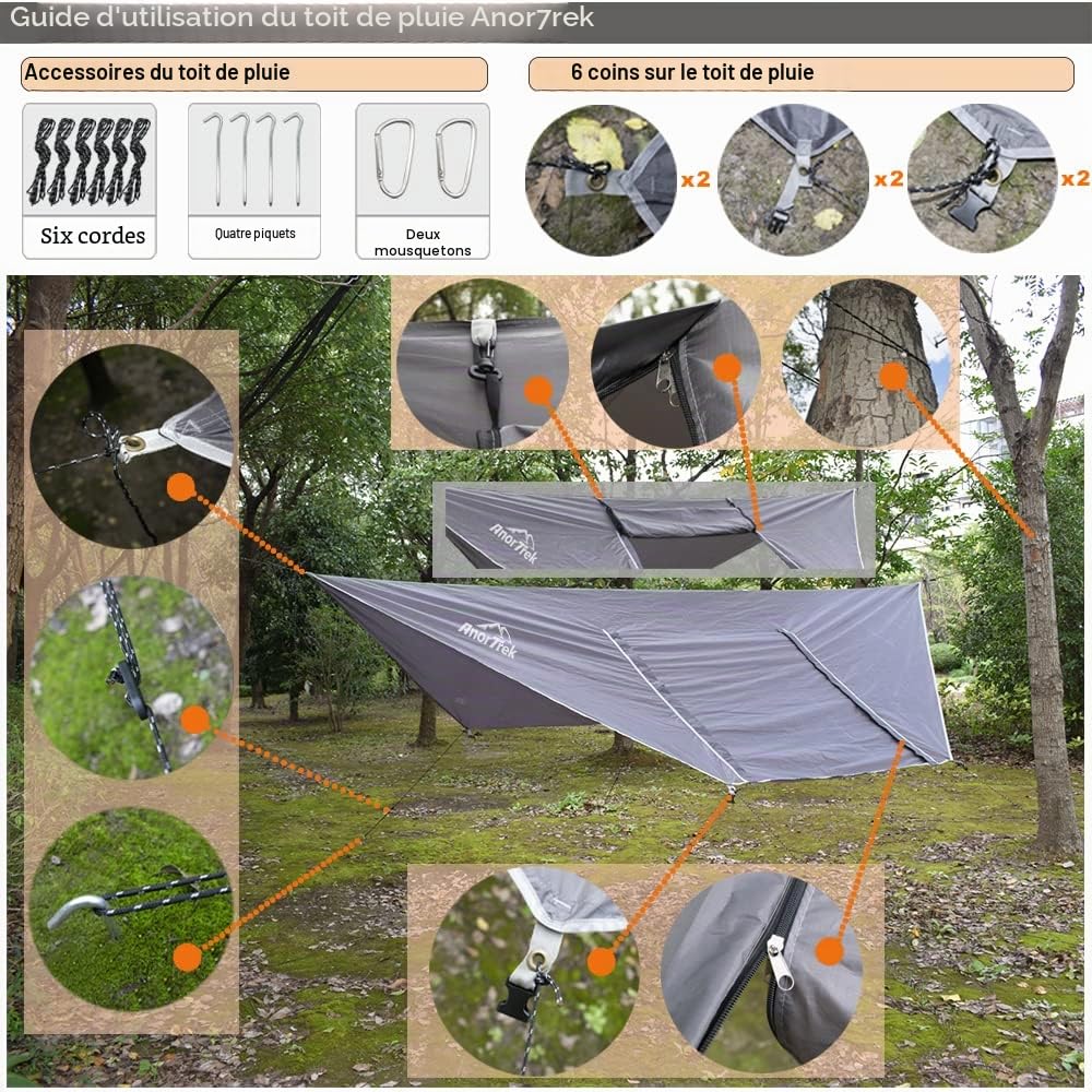 AnorTrek Camping Hammock avec moustiquaire et bâche de Pluie, hamac Double Portable avec Deux Sangles d'arbre, hamac en Nylon 210T et Ensemble bâche imperméable pour la randonnée, Le Camping