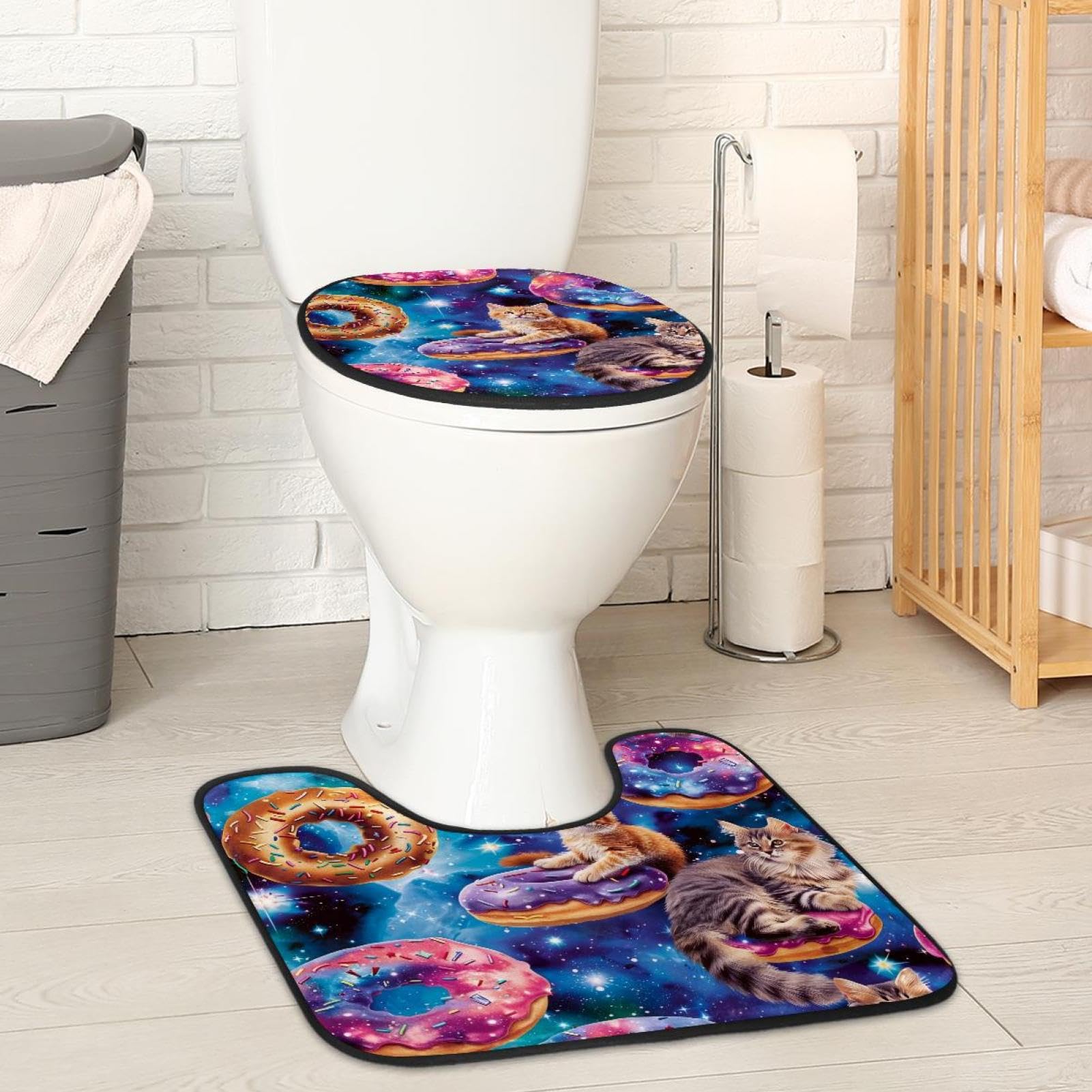 MUOOUM Toilet Lid Cover and U-Shaped Toilet Floor Mat Set of 2 Pieces, Cats Donuts Blue Galaxy Toilet Mat Set, Machine Washable Seat Covers Non-Slip Absorbent Rugs