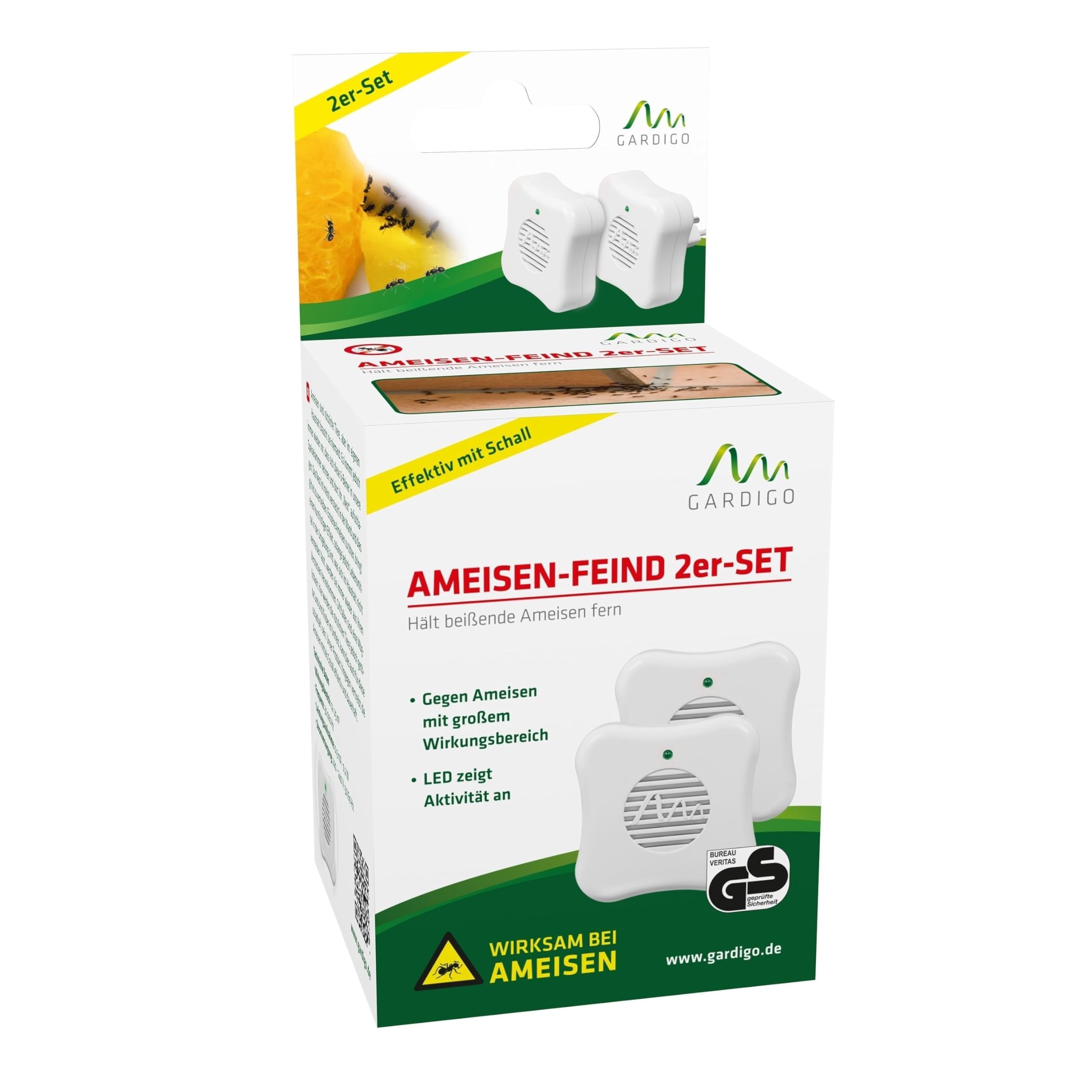 GARDIGO® Répulsif Fourmis Ultrason – Lot de 2 – Anti-Fourmi Électrique pour Maison, Cuisine, Cave – Appareil à Ultrasons sans Produit Chimique – Branché sur Prise – Protection 25 m² par unité