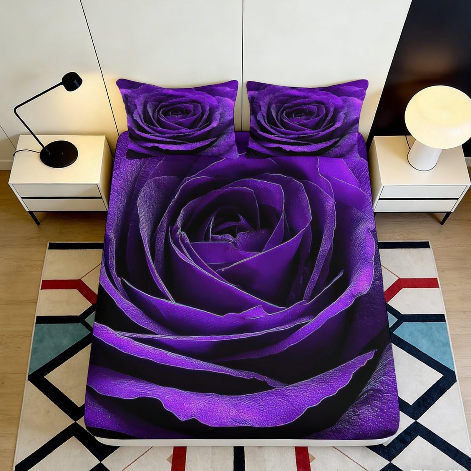 3D Printed Purple Rose Fitted Sheet Microfiber Soft Decorative Black Petals Mattress Cover for Bedroom Guestroom 90x200x25cm