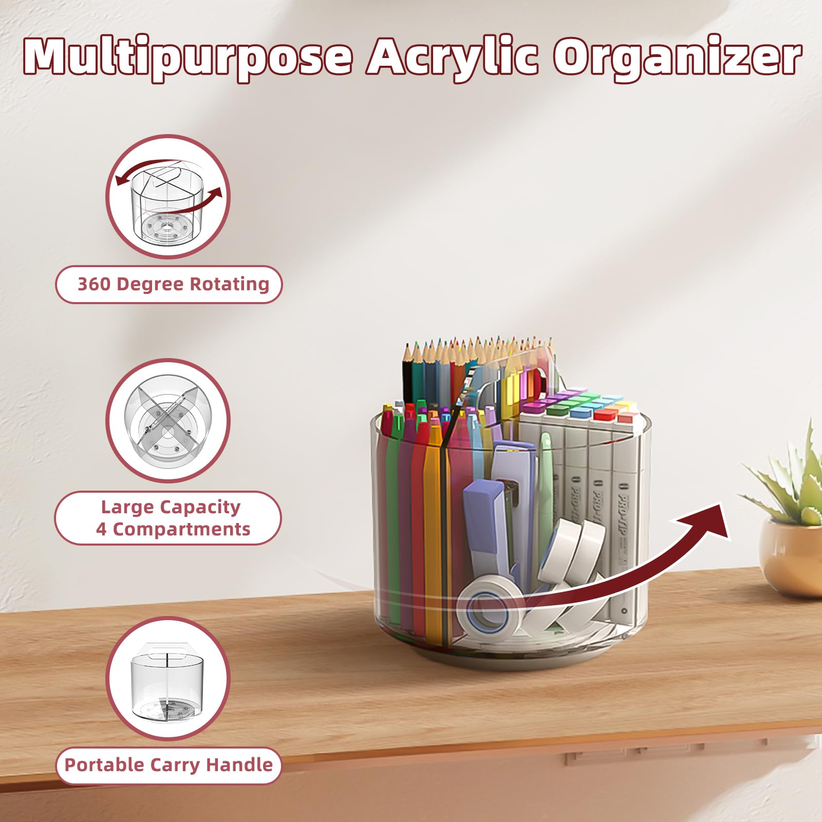 Absonic Portapenne per bambini, portapenne rotante a 360 gradi, organizer da scrivania e stoccaggio, 4 scomparti, organizer per forniture artistiche, organizer da scrivania per bambini in acrilico per