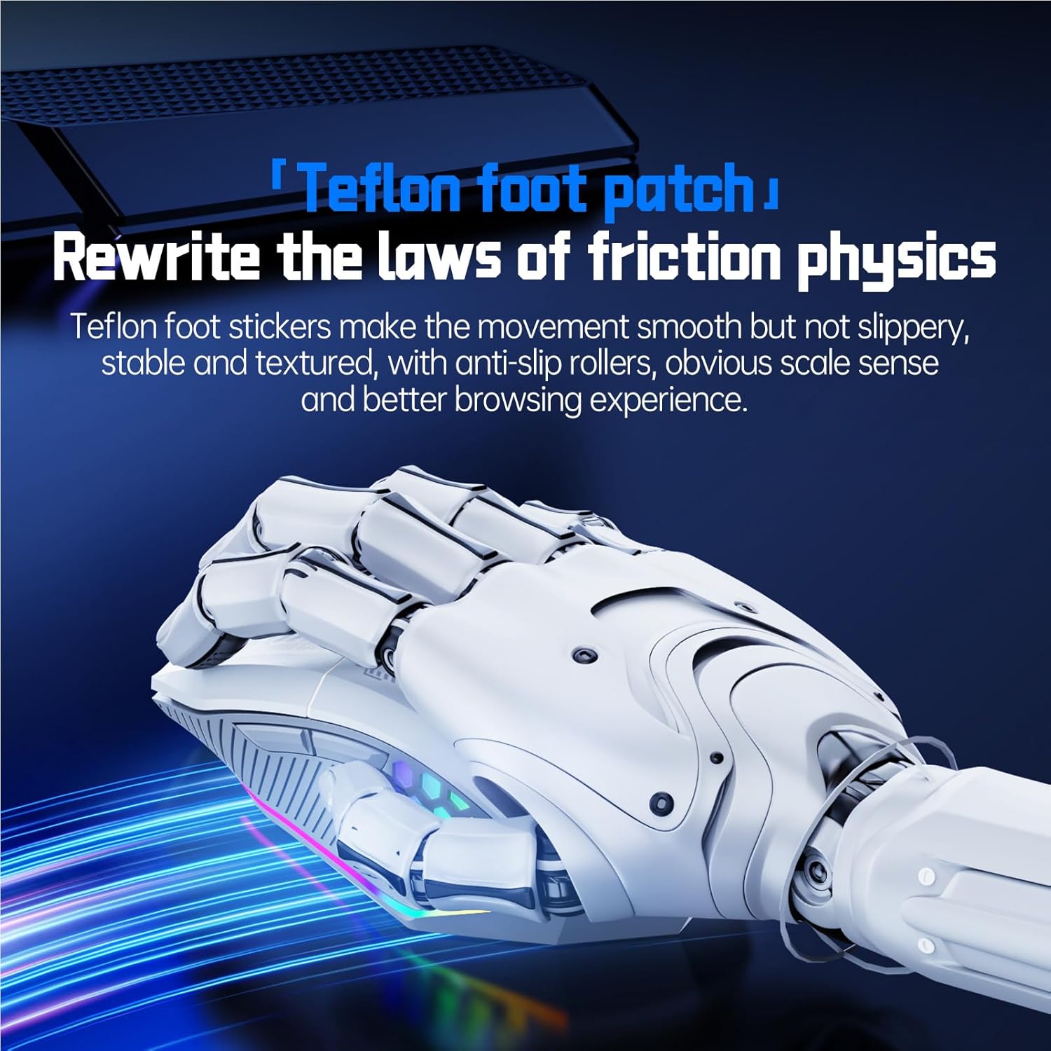 Underside of Zopsc Wireless Gaming Mouse X802 showing Teflon foot patches