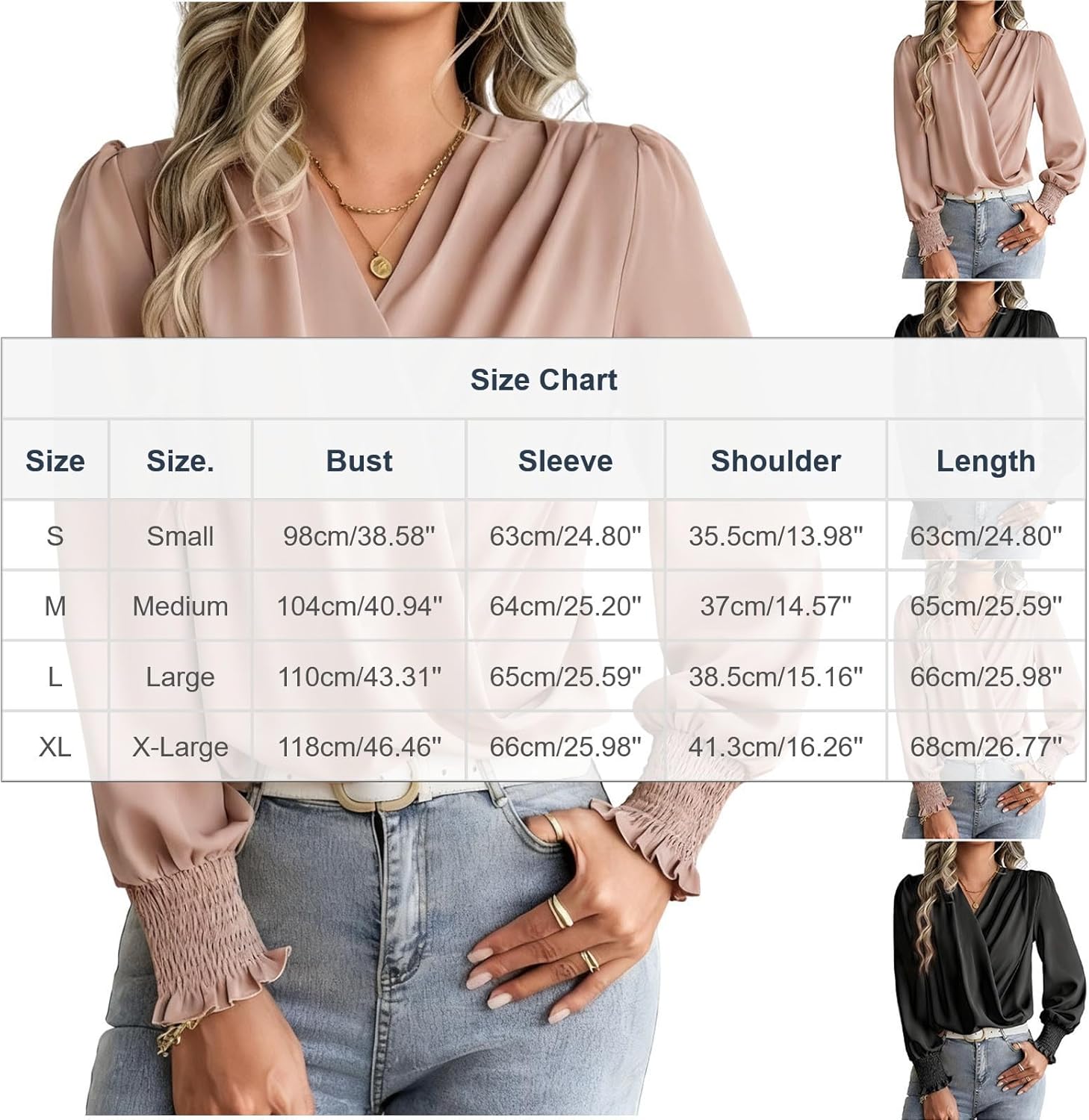 Women Wrap V Neck Long Sleeve Shirt Dressy Casual Business Work Top Elegant Lightweight Loose Blouse with Smocked Cuffs