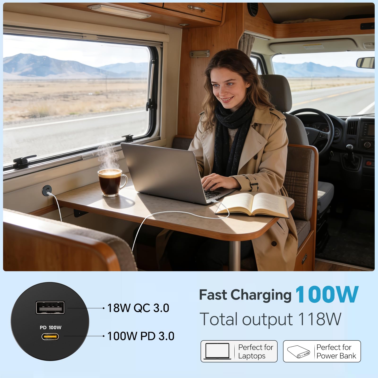 acegoo Toma USB 12V 100W PD3.0 y 18W QC3.0, Camper Aluminio Impermeable Enchufe, Computadoras Portátiles Cargador de Coche, Carga Rápida para Autocaravana Barco Marino (2 Piezas) | Carga rápida, para caravana, barco, autobús, coche, camión