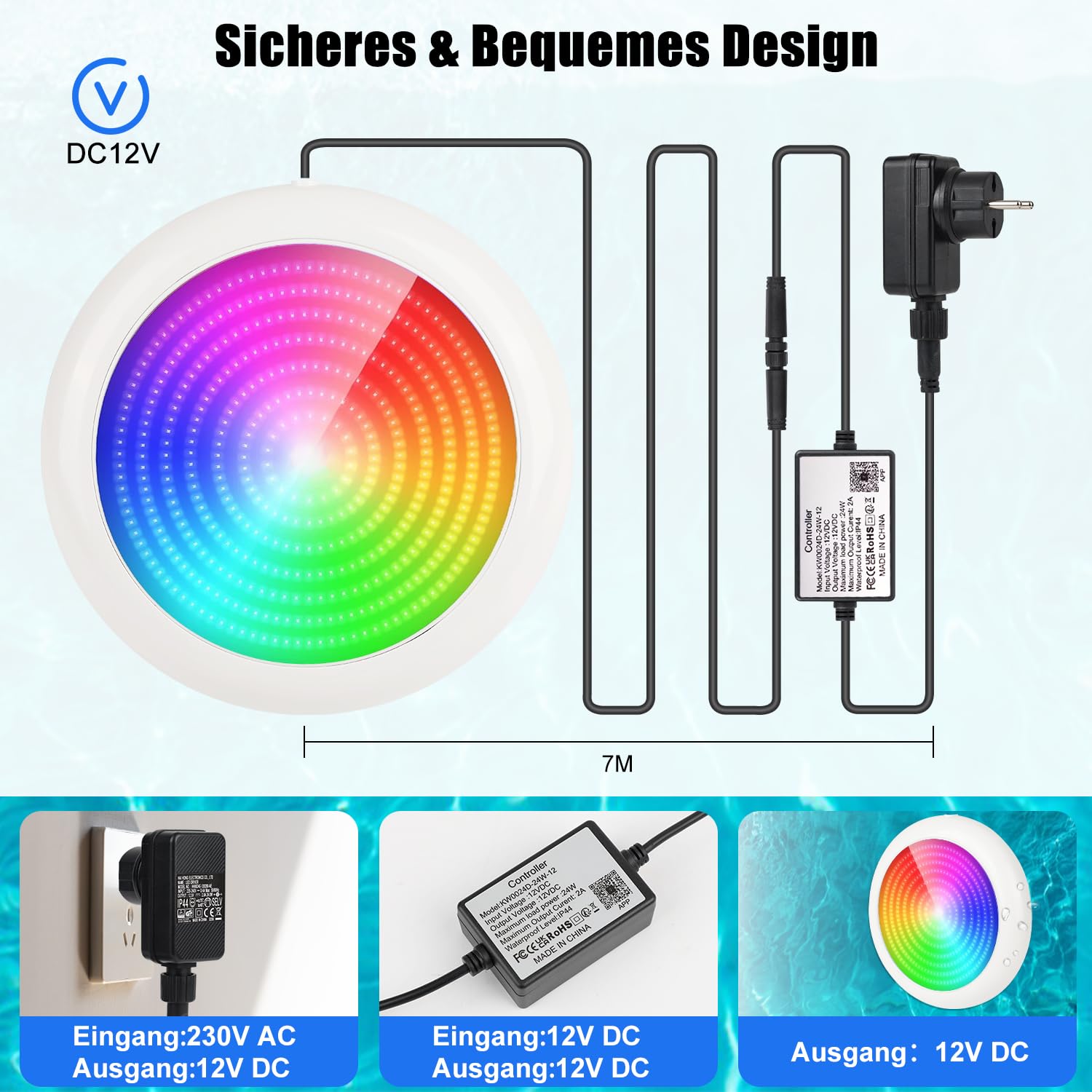 COOLWEST RGB LED Poolbeleuchtung, 24W Poolscheinwerfer mit Magnet, Pool Lichter Unterwasser mit APP-Kontrolle IP68 Wasserdicht für Stahlwandpools, Aufstellpool, Framepools, 7m Kabel, 12V, Dimmbar
