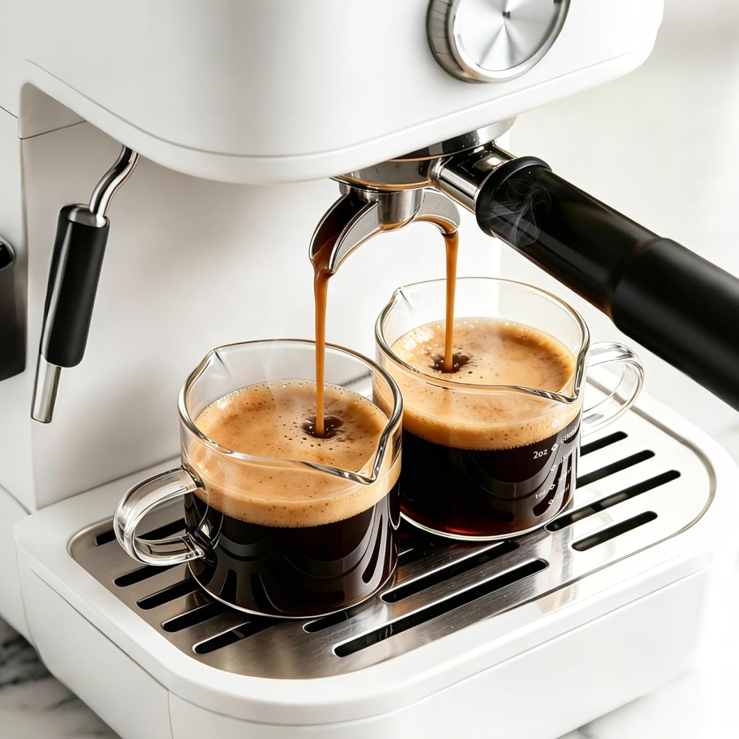 Espresso Cups Set of 2,4 OZ Double Spouts Cups, Shot Glasses, Measuring Cup with Scale Milk Cup with Handle, Clear Glass, Espresso Accessories for Machine