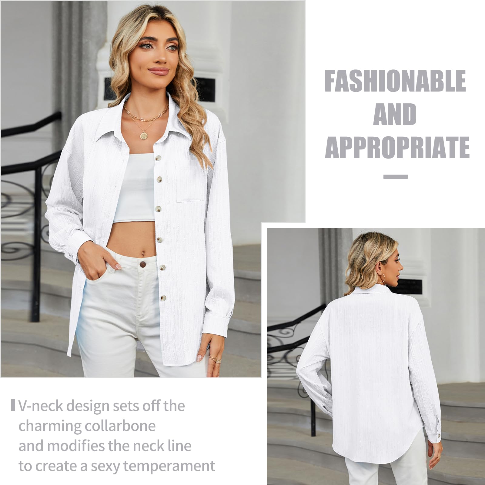 TMEOG Camicia Donna Manica Lunga Camicette Elegante Blusa con Bottoni Camicia Scollo a V Giacca Camicia Lunga a Tinta Unita Camicia Ampia per Donna