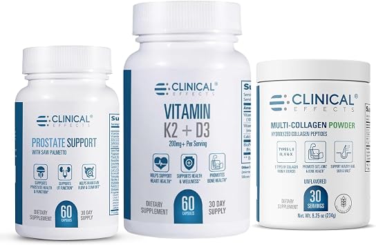 Clinical Effects Mens Vitality Bundle - Prostate Health Support with Saw Palmetto, Multi Collagen Powder and Vitamin K2 D3 - Prostate, Joint, Bone and Heart Health Supplement Stack for Men