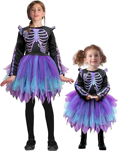 Disfraz de esqueleto de Halloween para niños, vestido tutú de esqueleto para niña, disfraz de esqueleto reflectante para niñas