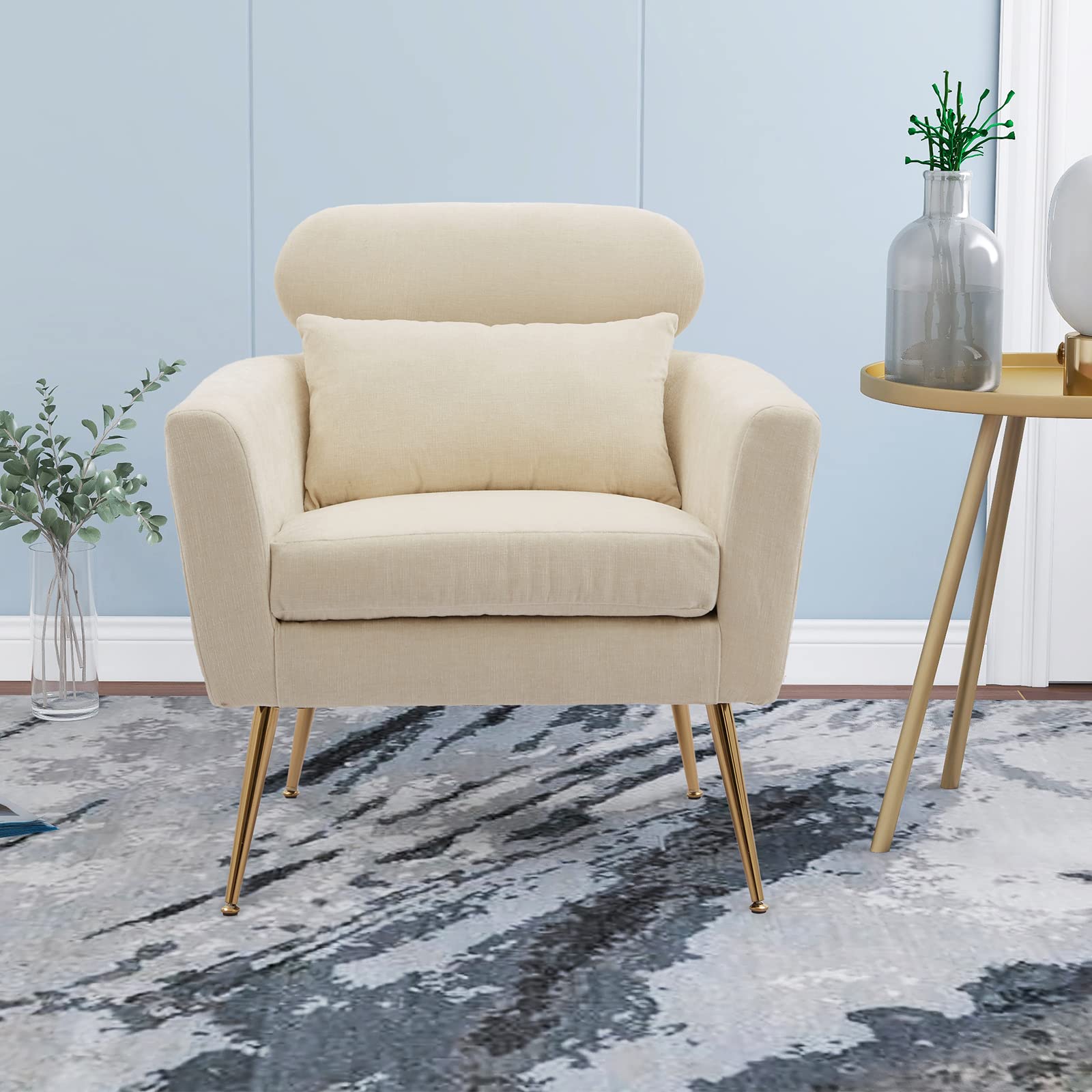 Betoko Modern Accent Chair Upholstered High Back Reading Chair with Arms Tufted Single Sofa Leisure Club Chair with Metal Legs and Throw Pillow for Living Room Bedroom Dorm Room,Beige