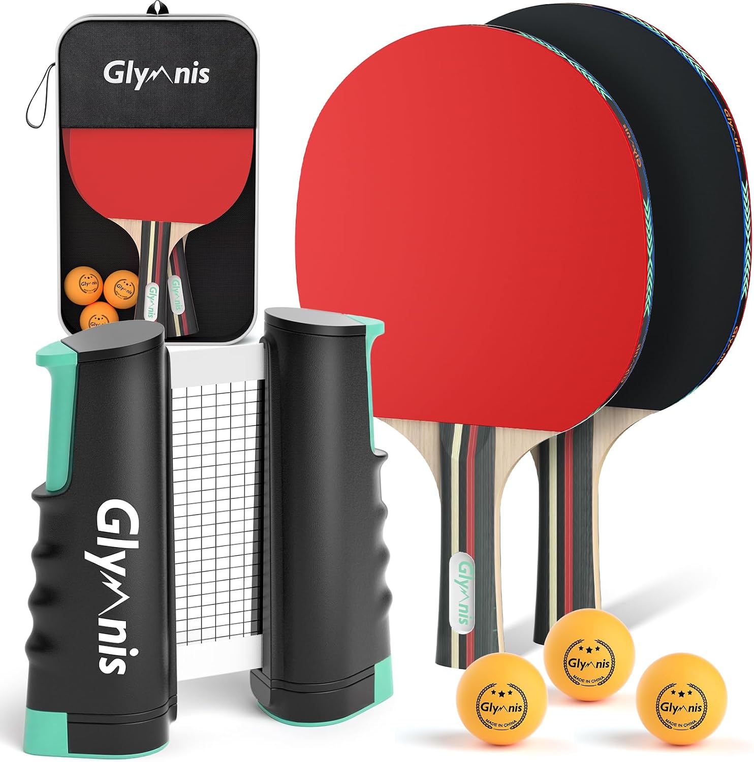 Glymnis Ping Pong Paddle Set, Table Tennis Set with Retractable Net, Balls