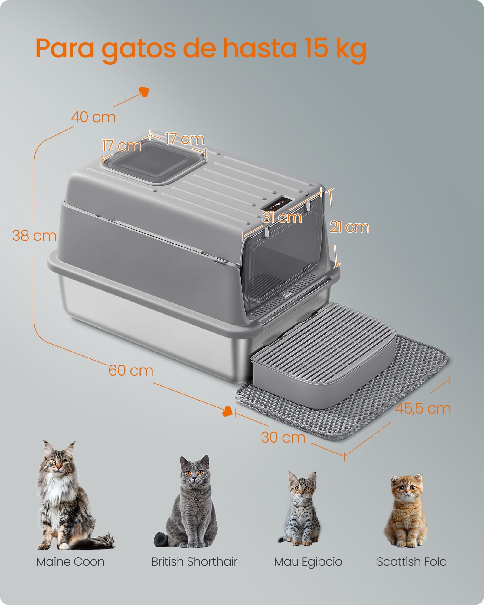 Feandrea Arenero para Gatos de Acero Inoxidable, Caja de Arena con Tapa, Incluye Pala, Alfombrilla y Dos Accesos, para Gatos de hasta 15 kg, Gris Paloma PPT007GN01