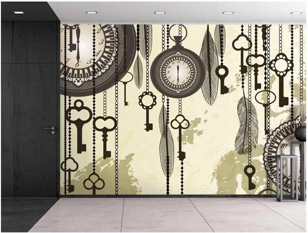 wall26 - Large Wall Mural - Antique Background with Grungy Map and Clocks | Self-Adhesive Vinyl Wallpaper/Removable Modern Decorating Wall Art - 66"x96"