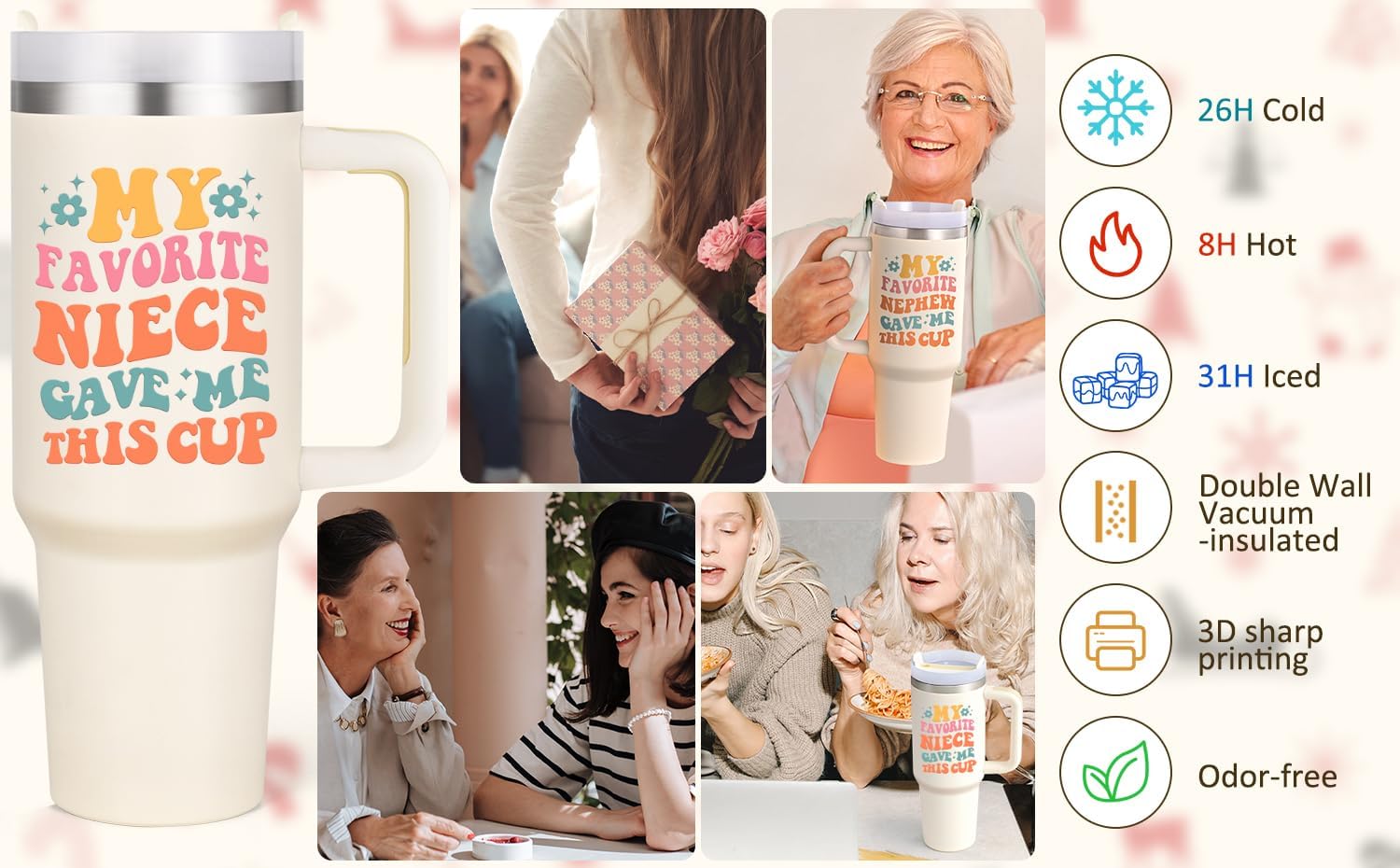 LiqCool Aunt Gifts from Niece, 40 Oz Aunt Tumbler - My Favorite Niece Gave Me This Cup, Best Aunt Christmas Gifts, Unique Gifts for Aunt Birthday Thanksgiving Christmas Mothers Day(Cream) - Image 7