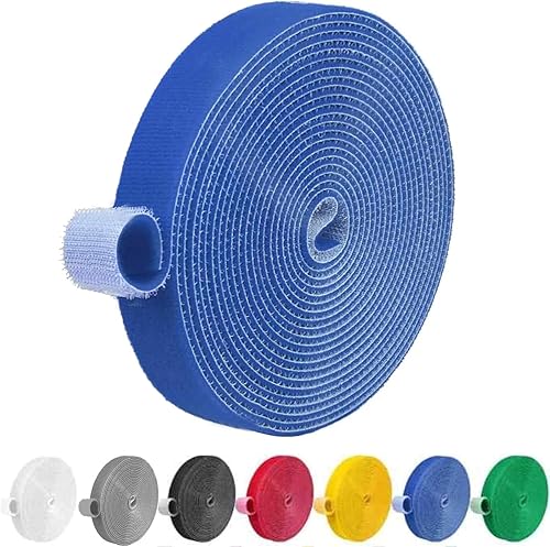 Cinta de sujeción reutilizable de 32 pies, bridas de cables de doble cara de gancho y bucle, resistencia y durabilidad, 0.8 pulgadas de ancho (azul)