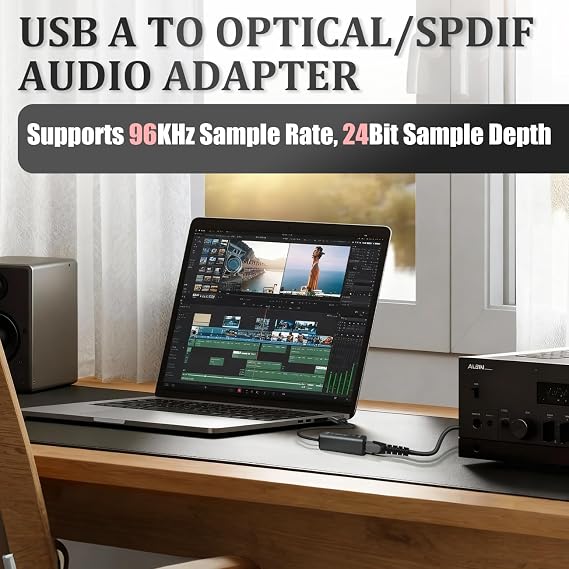 USB to Optical Audio Adapter 24Bit Sample Depth, PC to SPDIF Sound Card Optical Output Compatible with Windows macOS Laptop Computer, Not for TV, Signal Only from USB to Toslink Converter