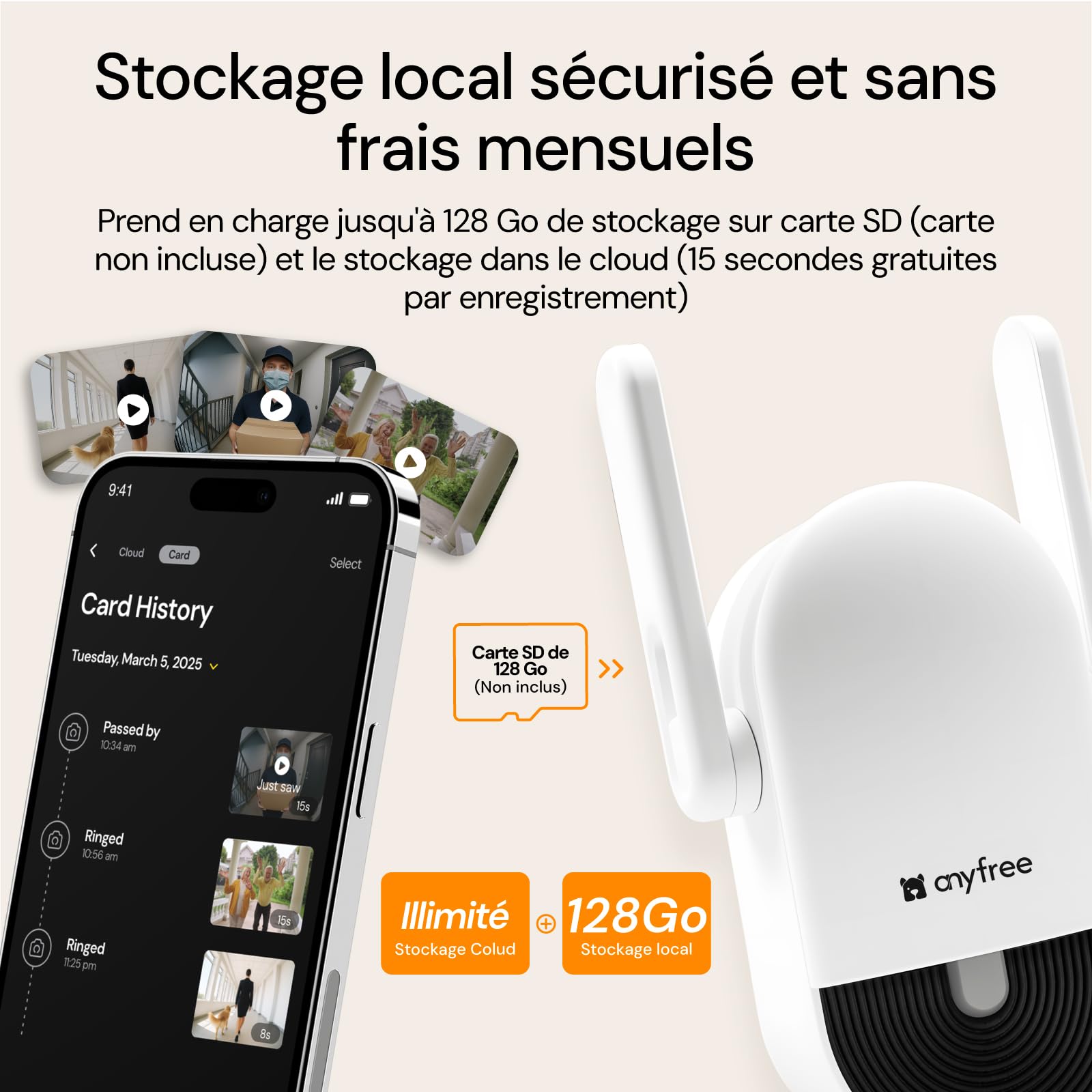 Sonnette sans fil avec caméra 1080P HDR WiFi 2.4/5GHz solaire Détection Humaine PIR Vision Nocturne Audio Bidirectionnel